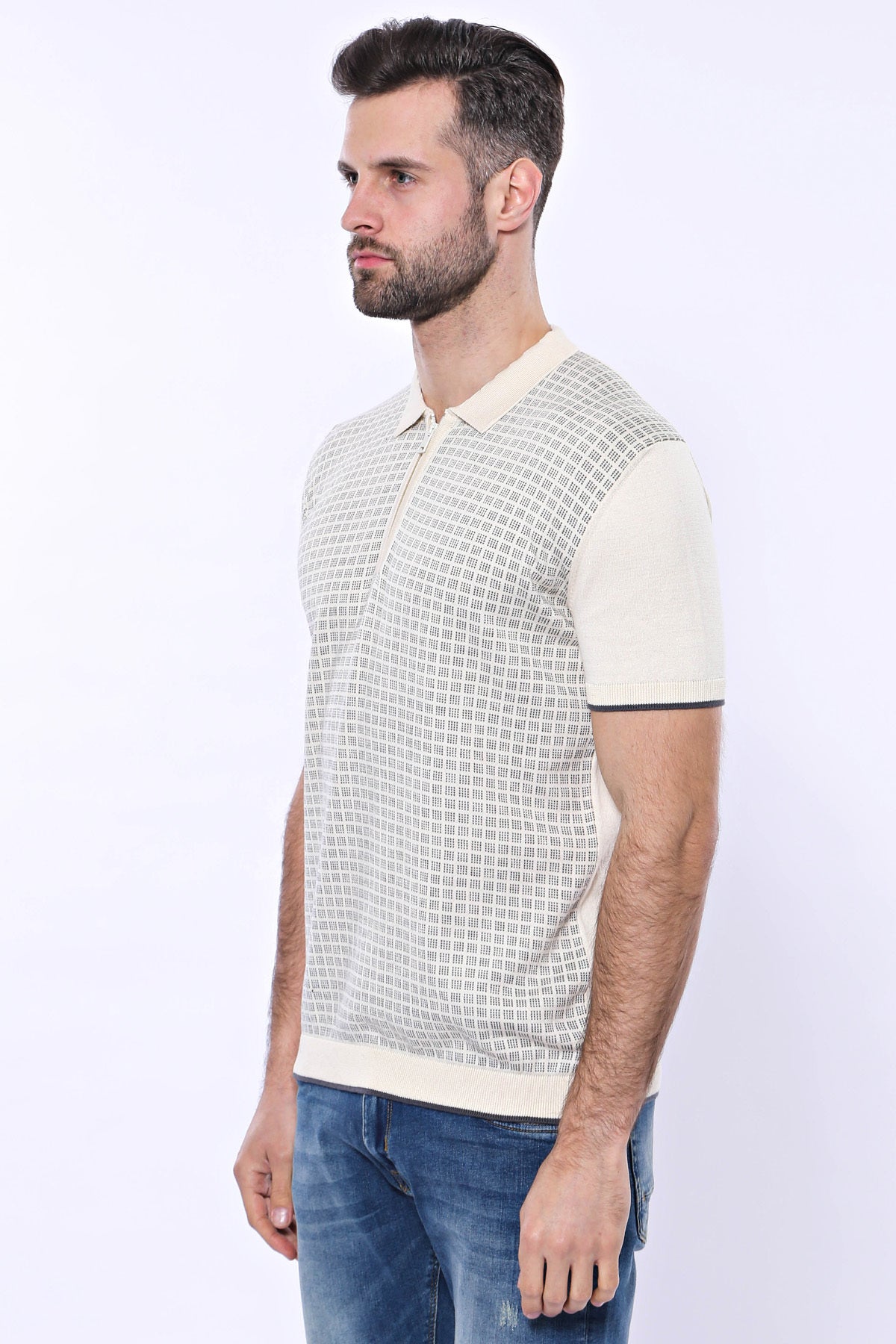Cream Plaid Zippered Polo Knitted T-Shirt