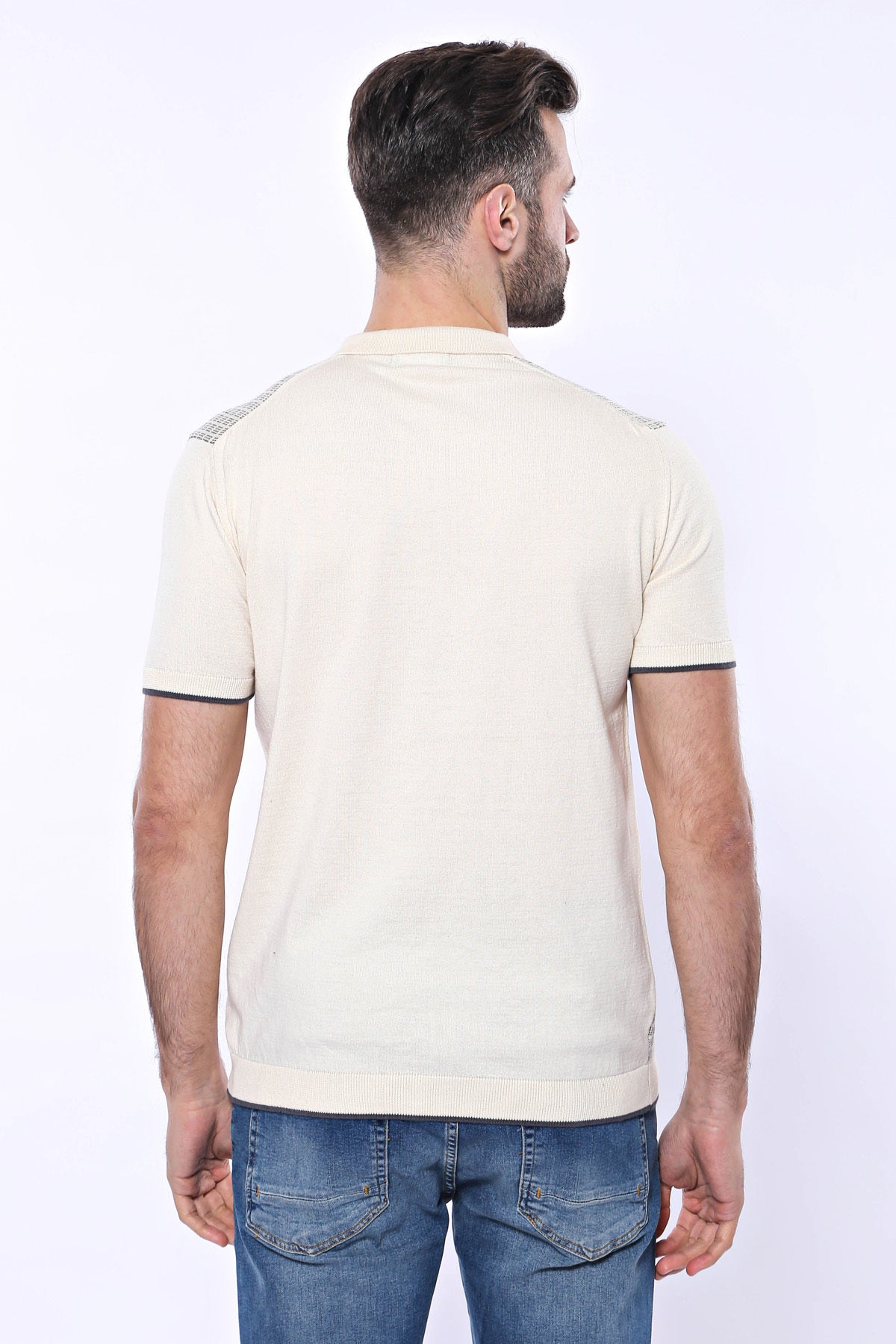 Cream Plaid Zippered Polo Knitted T-Shirt