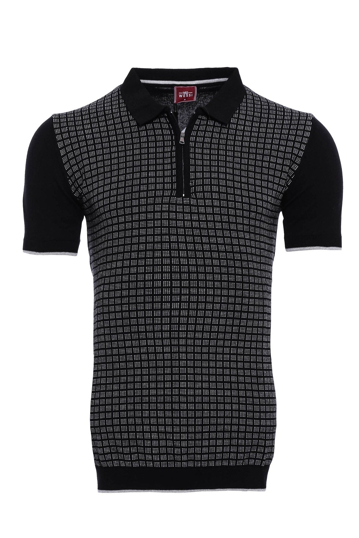 Black Plaid Zippered Polo Knitted T-Shirt