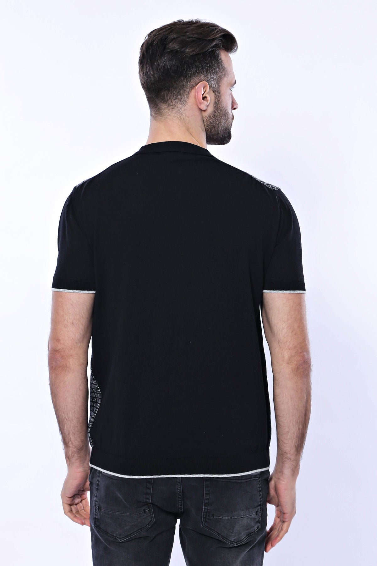 Black Plaid Zippered Polo Knitted T-Shirt