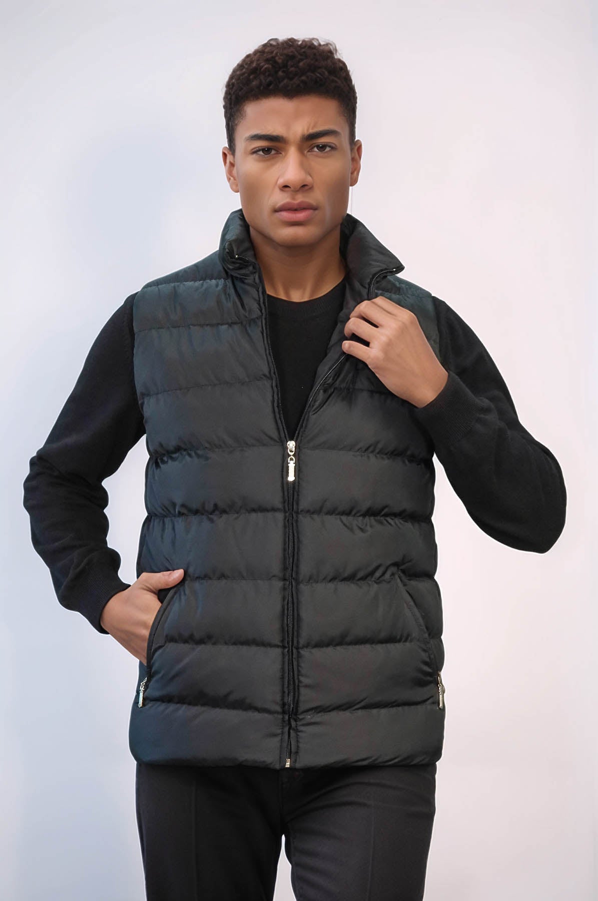 Zippered Pockets Quilted Black Men Winter Down Vest - Wessi