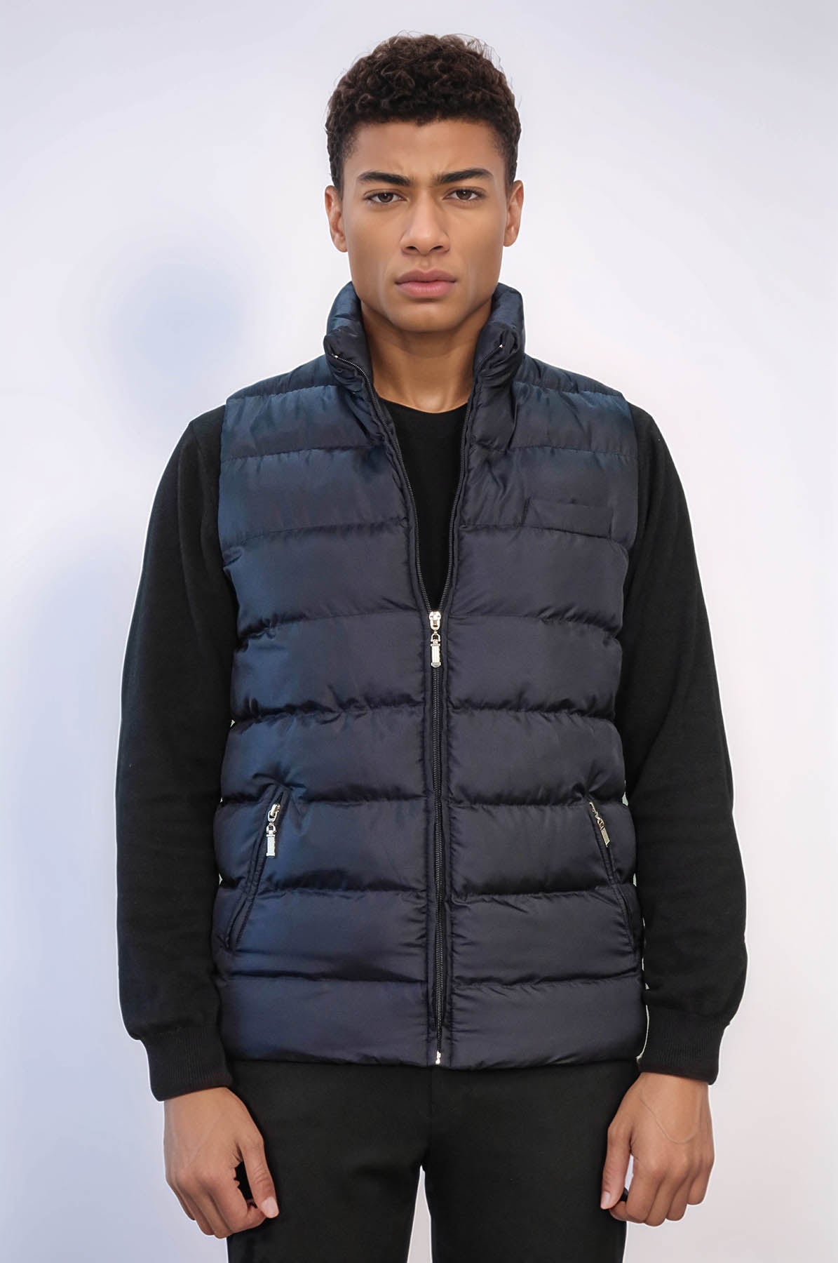 Zippered Pockets Quilted Navy Blue Men Winter Down Vest - Wessi