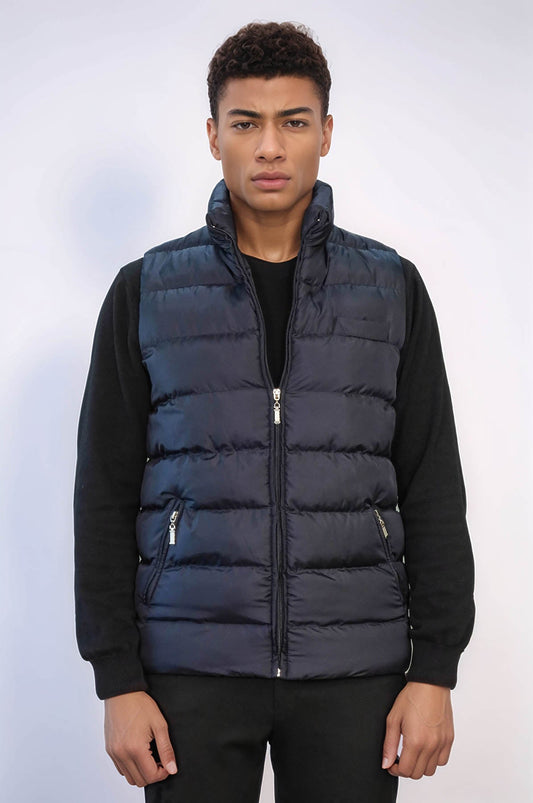 Zippered Pockets Quilted Navy Blue Men Winter Down Vest