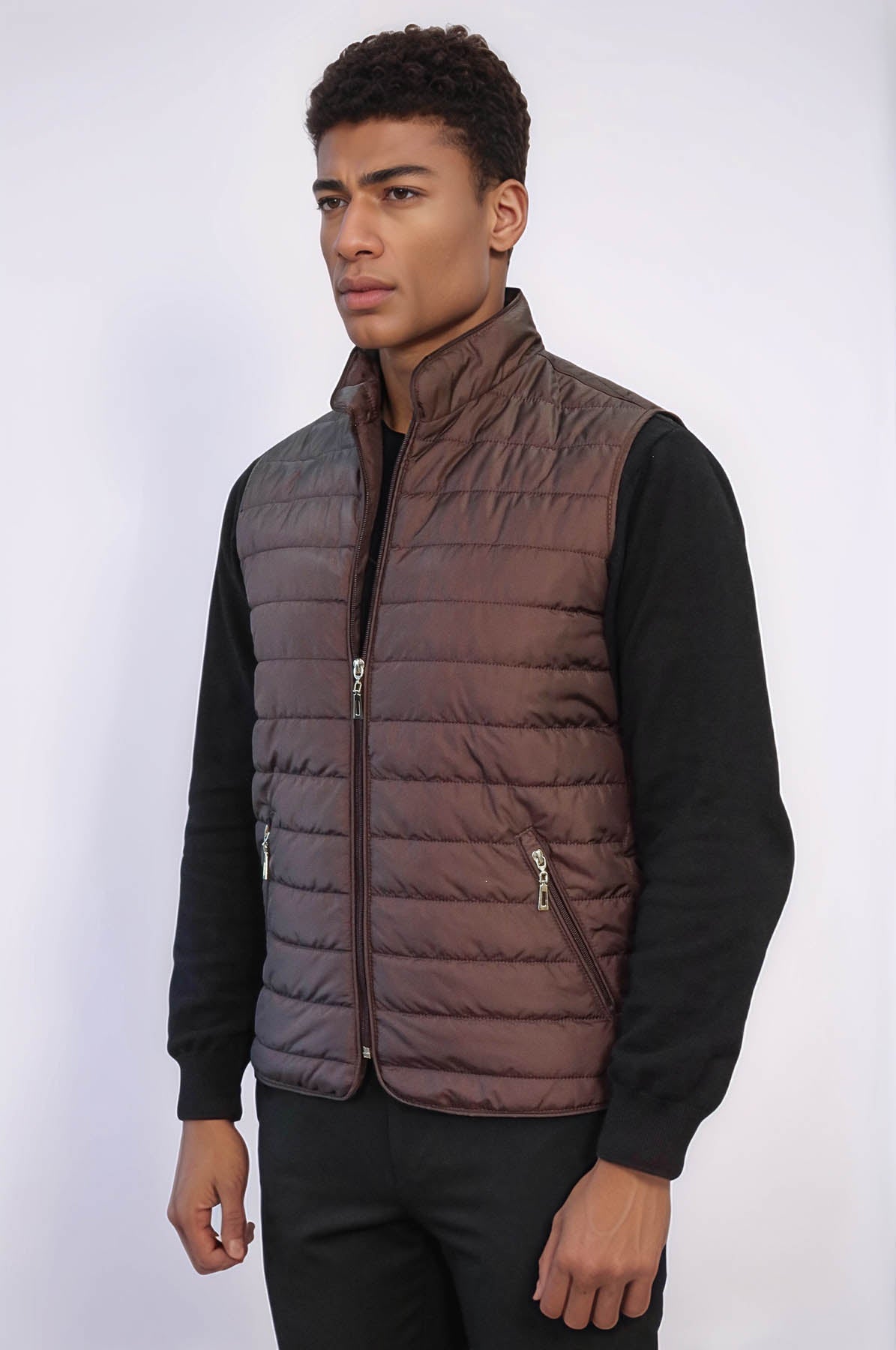 Quilted Sleeveless Brown Men Down Vest - Wessi