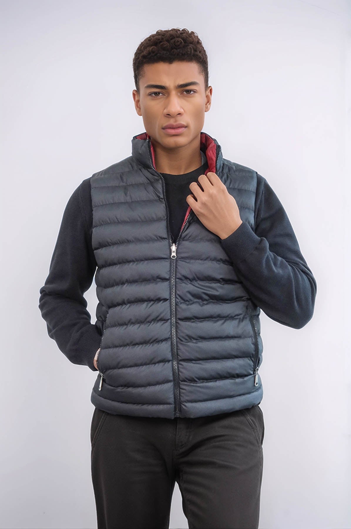 Reversible Quilted Standing Collar Black Men Down Vest - Wessi