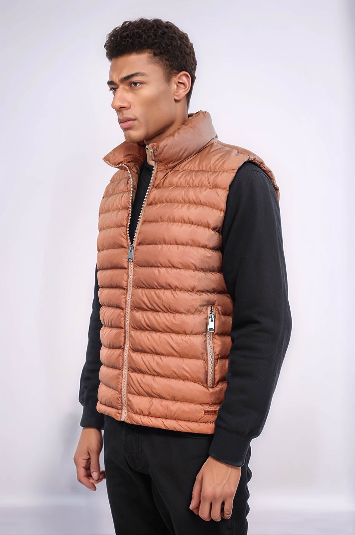 Quilted Zippered Light Brown Men Down Vest - Wessi