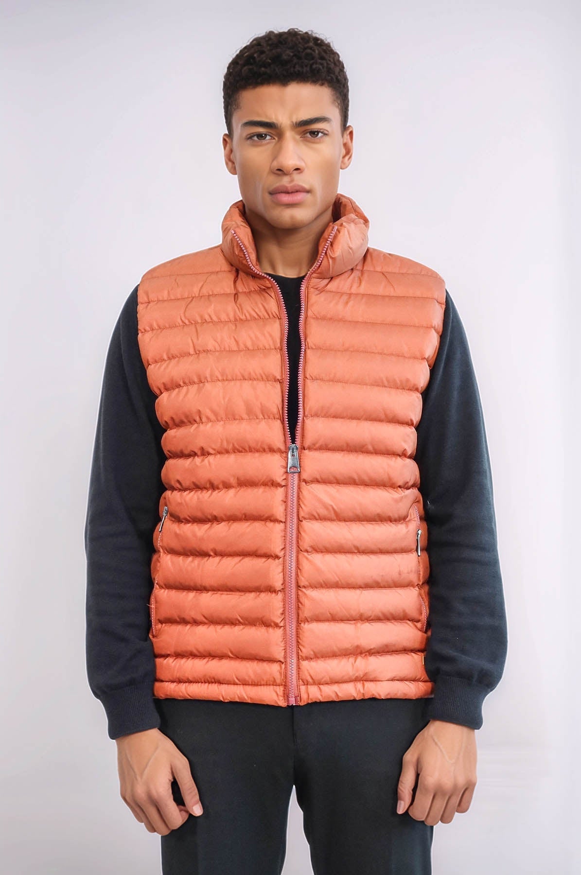 Quilted Zippered Orange Men Down Vest - Wessi