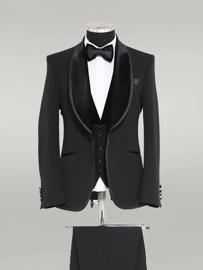 Plain 3-Piece Velvet Shawl Lapel Elegant Black Men Tuxedo with Bow Tie -