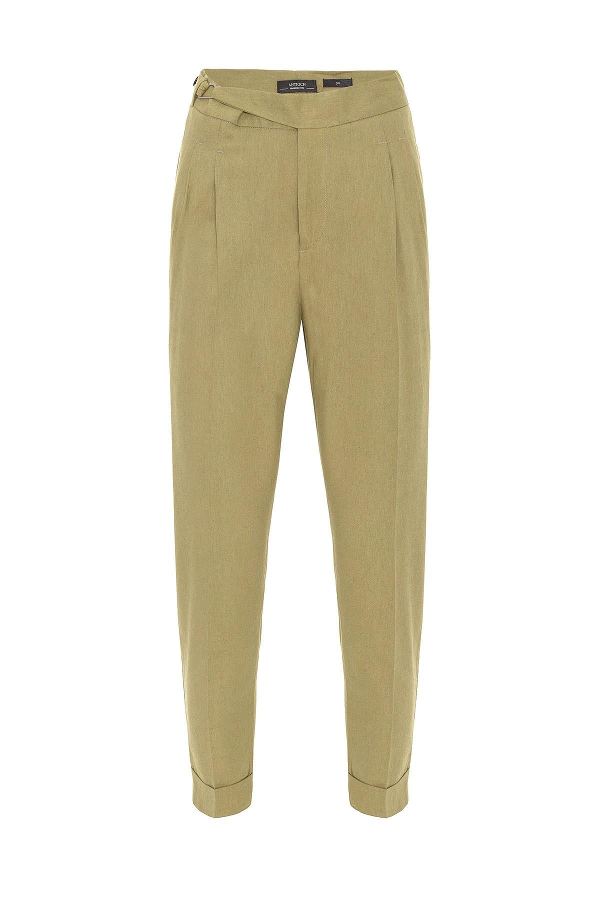 Men's Light Khaki High-Waist Linen Blend Pleated Pants