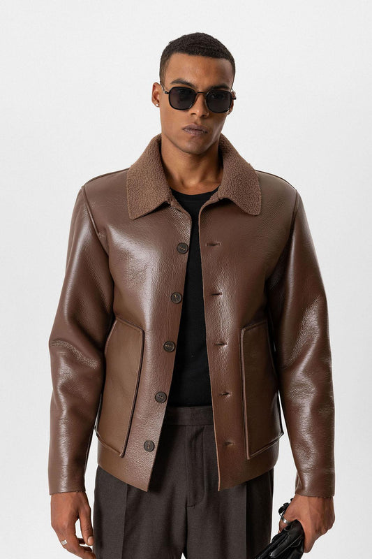 Light Brown Lined Faux Leather Men's Jacket