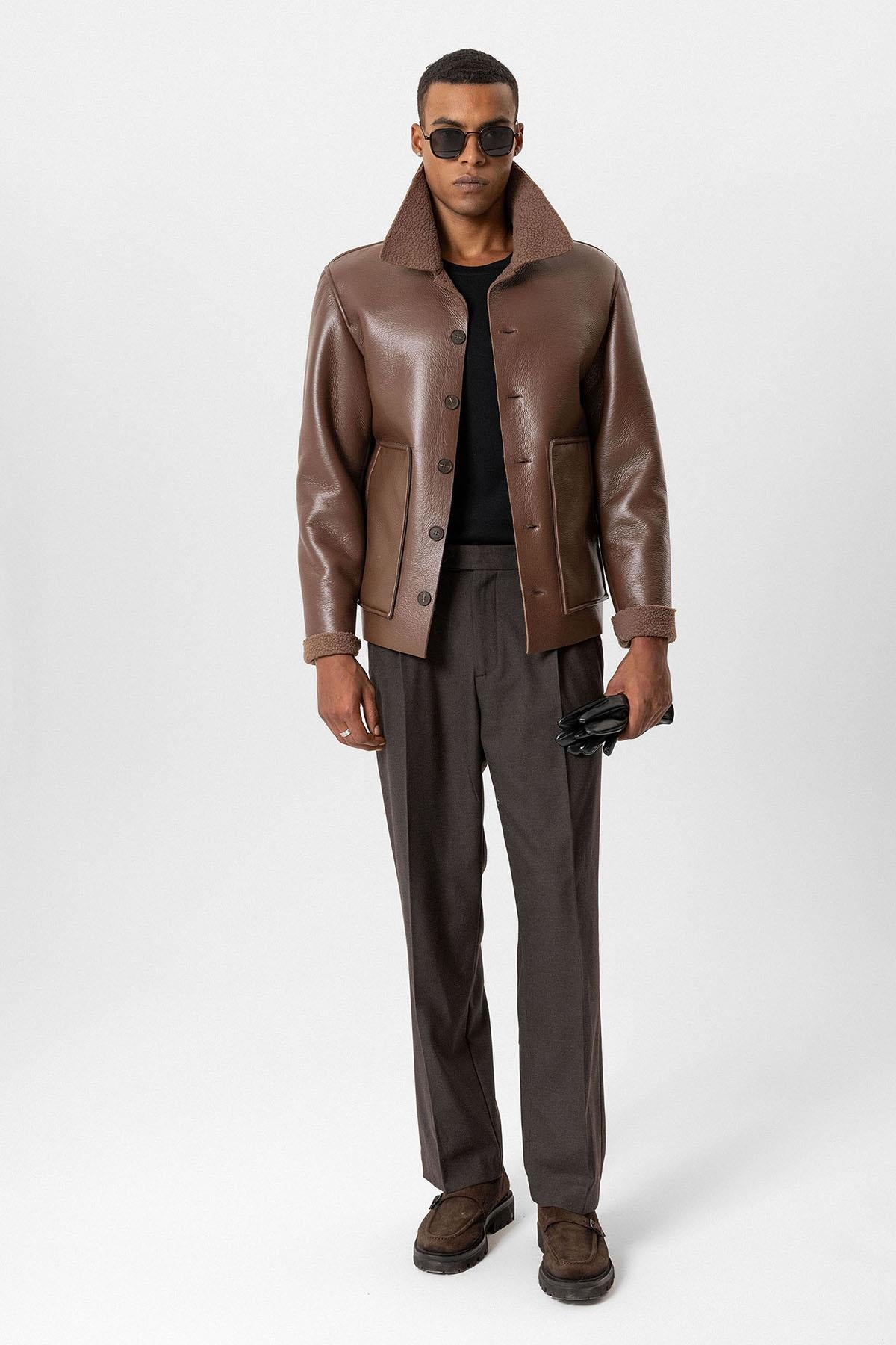 Light Brown Lined Faux Leather Men's Jacket