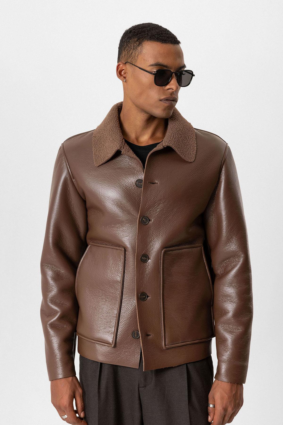 Light Brown Lined Faux Leather Men's Jacket