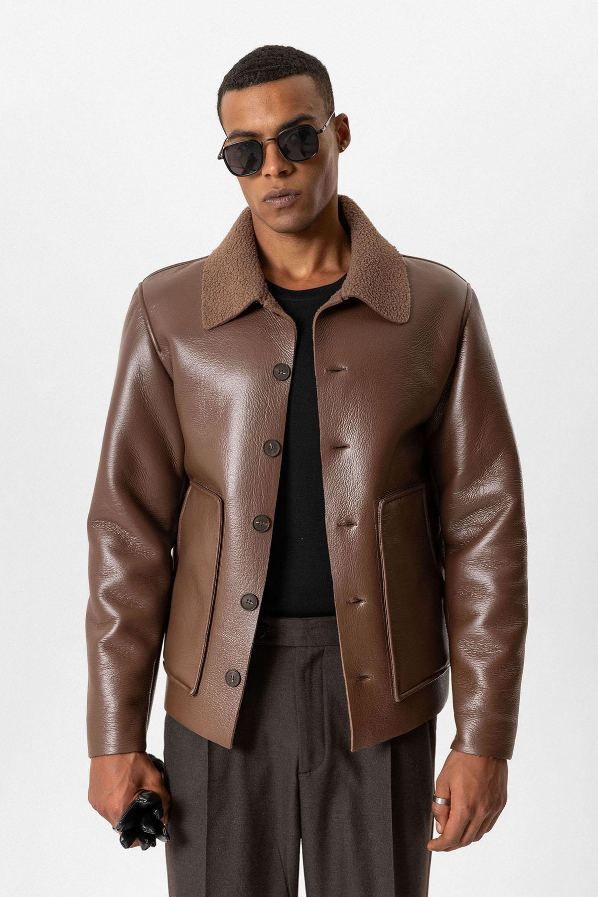 Light Brown Lined Faux Leather Men's Jacket