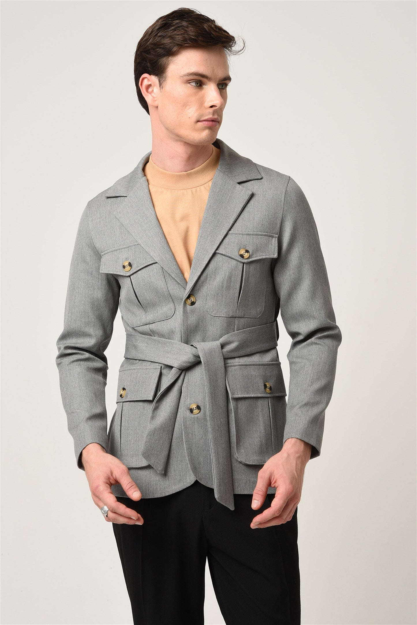 KOALA SYDNEY Men's Light Grey Jacket Collar Belted Seasonal Coat