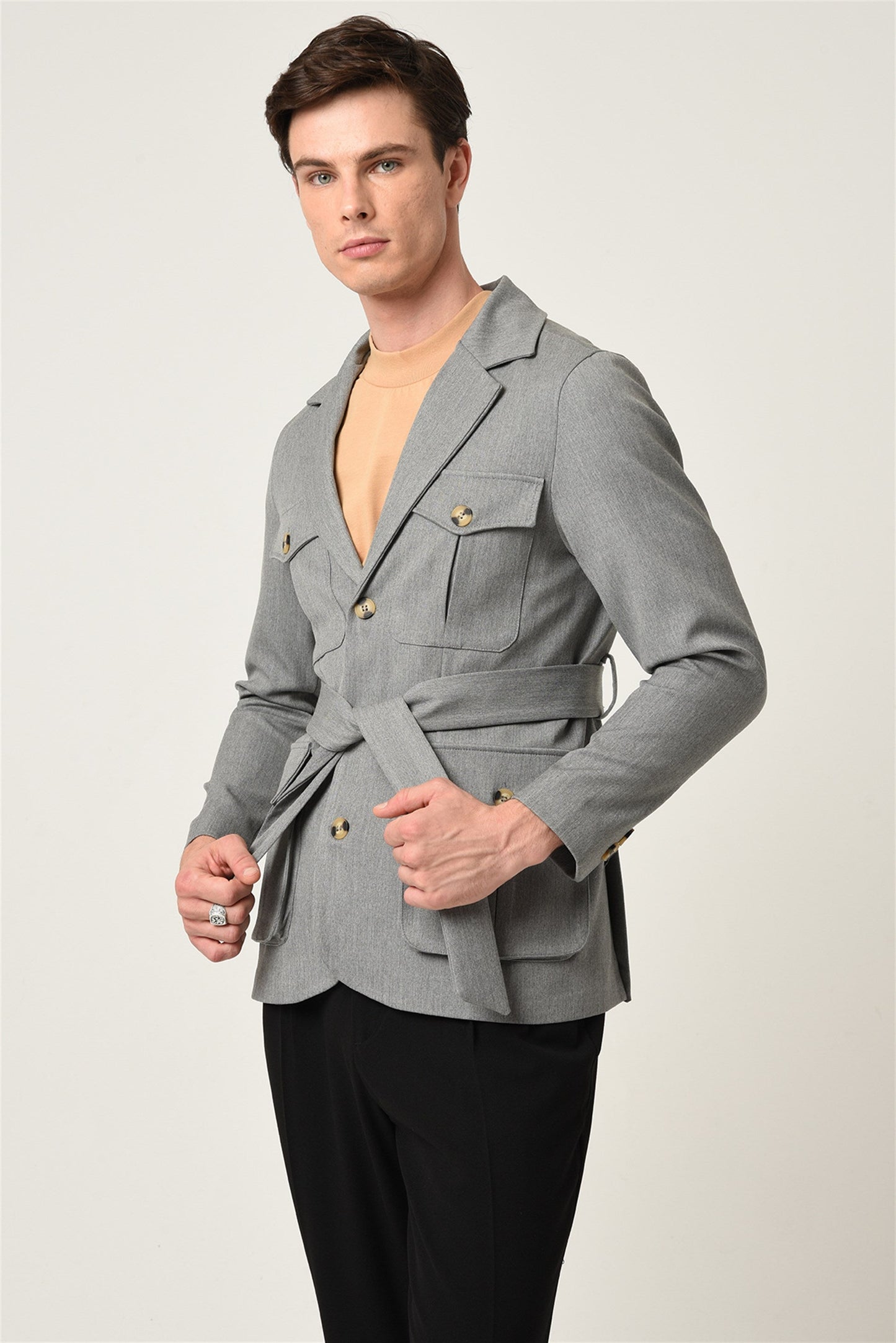 KOALA SYDNEY Men's Light Grey Jacket Collar Belted Seasonal Coat
