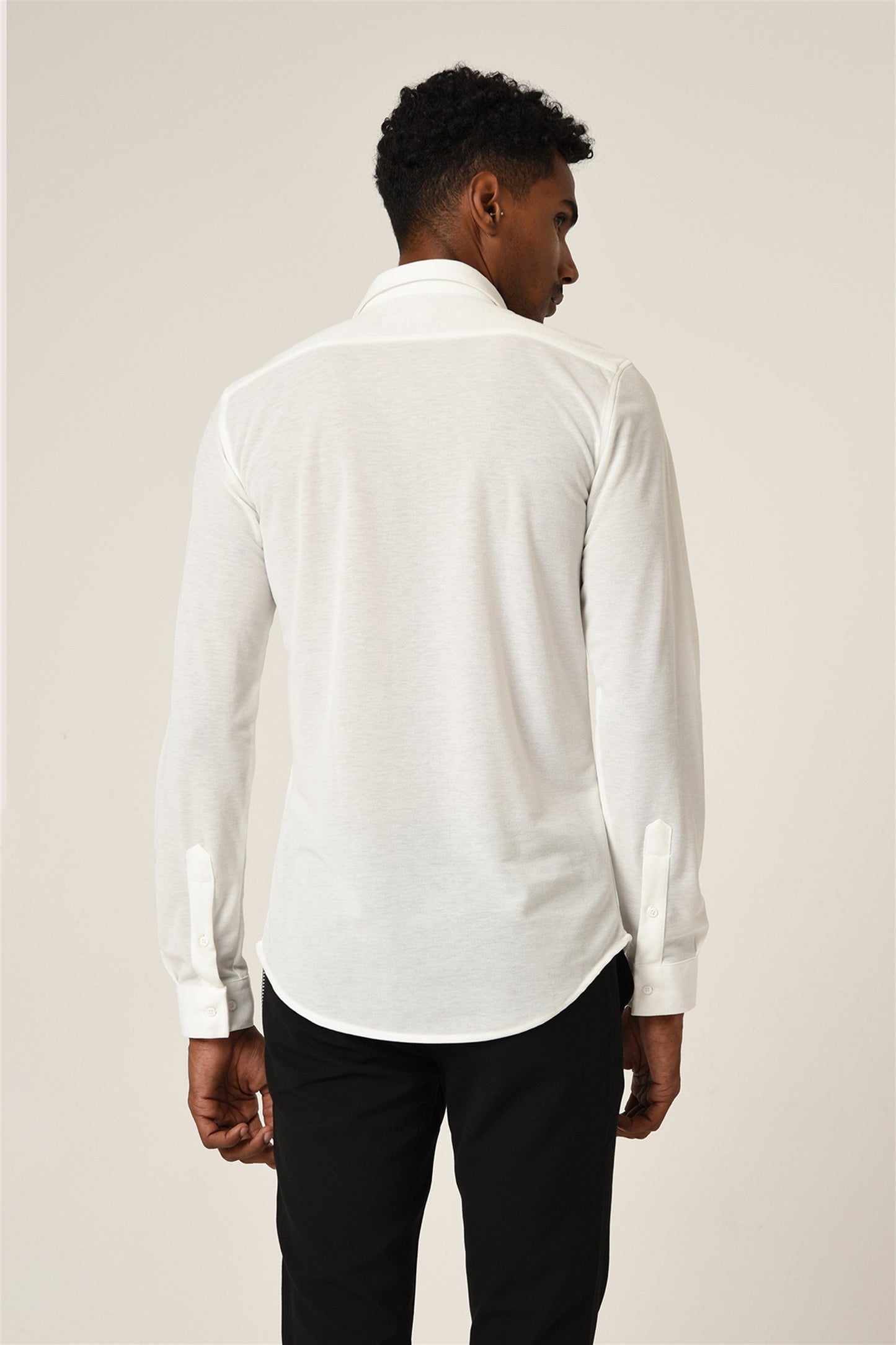 Men's White Hidden Button Long Sleeve Slim Fit Knitwear Shirt