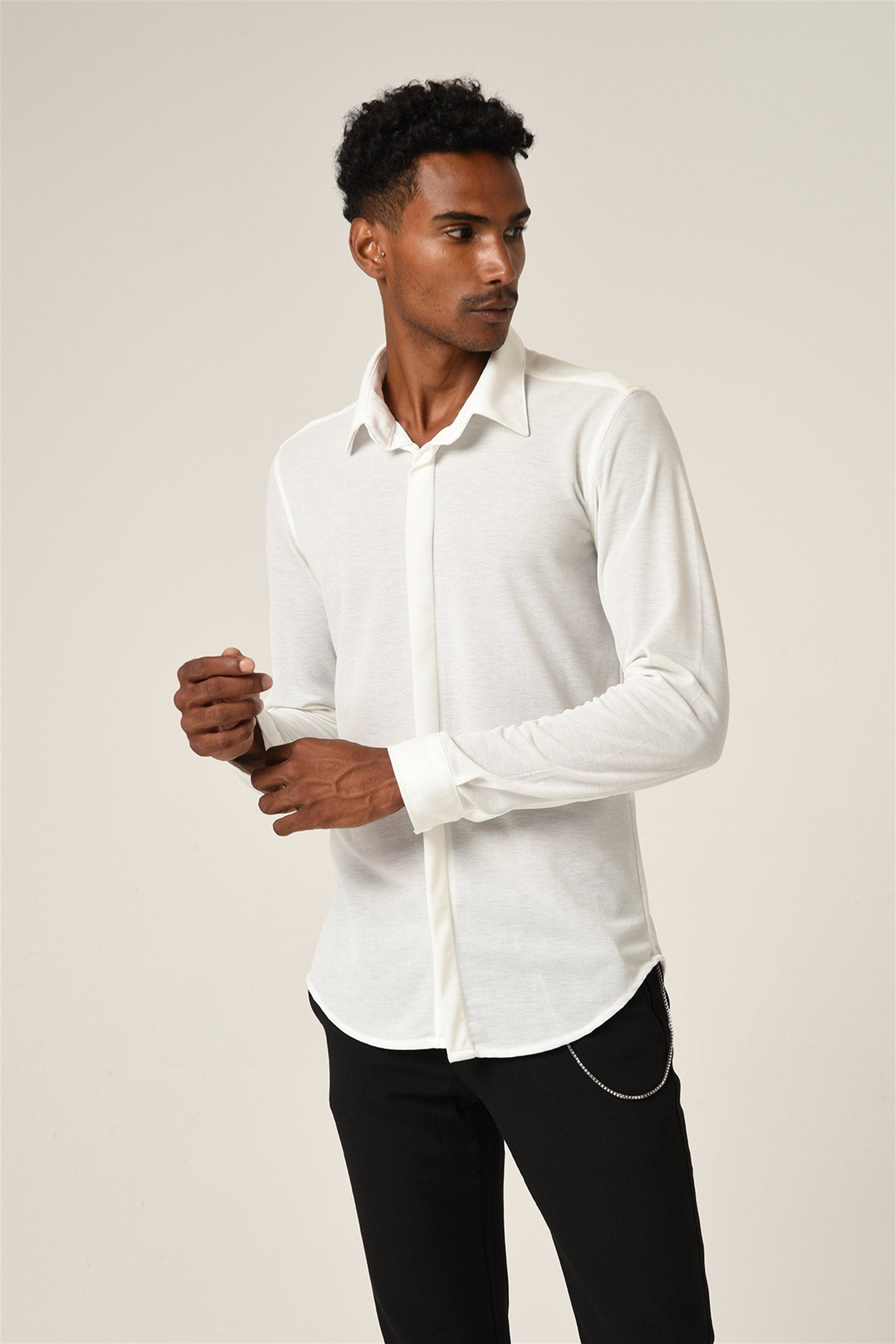 KOALA SYDNEY Men's White Hidden Button Long Sleeve Slim Fit Knitwear Shirt -