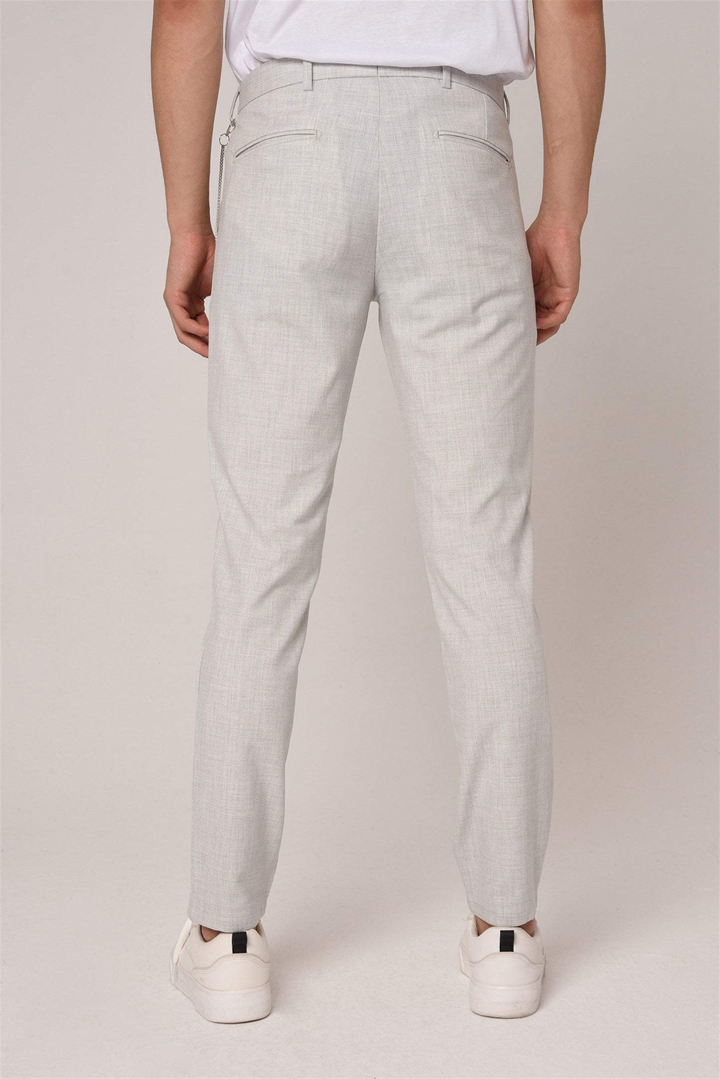 Men's Silver Slim Fit Straight Accessory Fabric Trousers