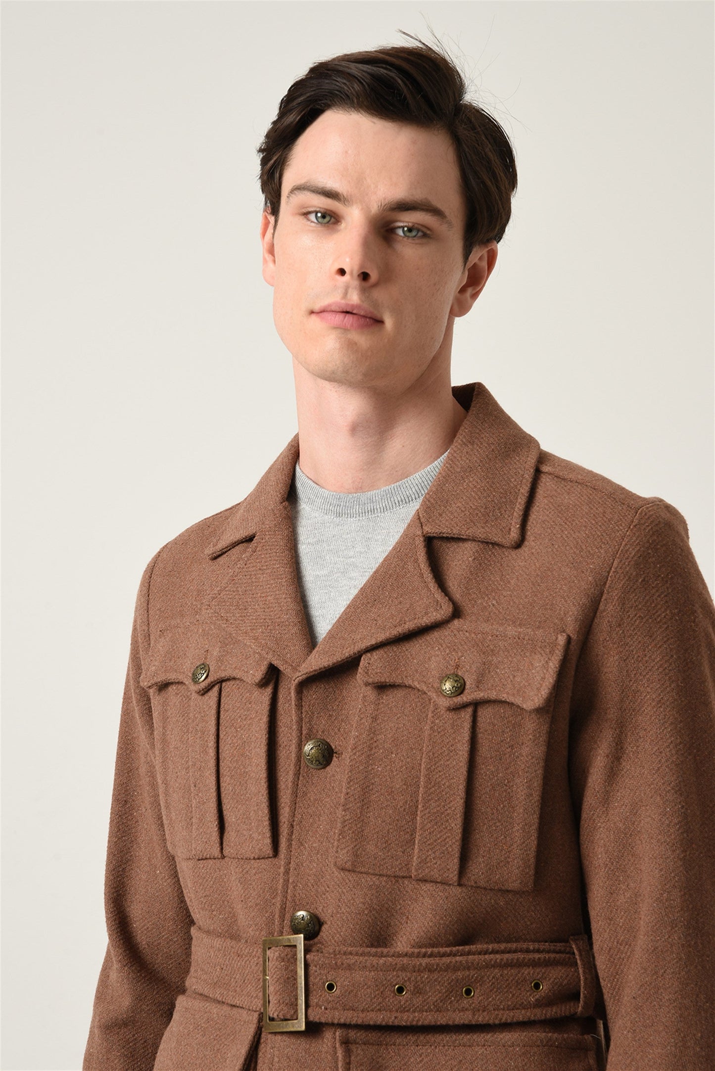 Men's Brown Camp Collar Belt Detailed Seasonal Coat