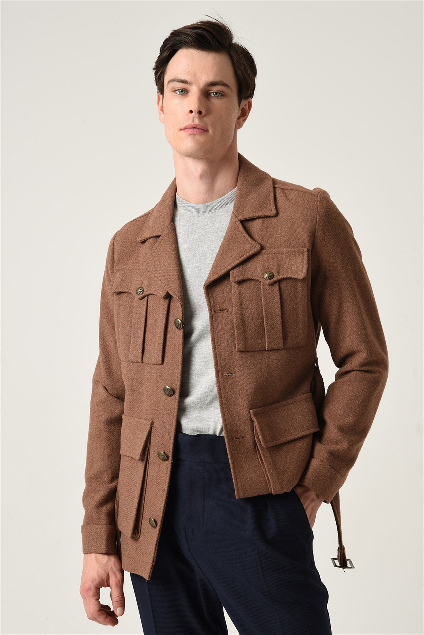 Men's Brown Camp Collar Belt Detailed Seasonal Coat