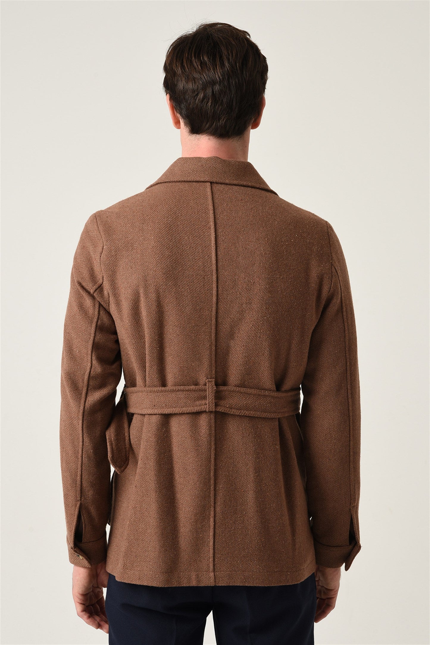 Men's Brown Camp Collar Belt Detailed Seasonal Coat