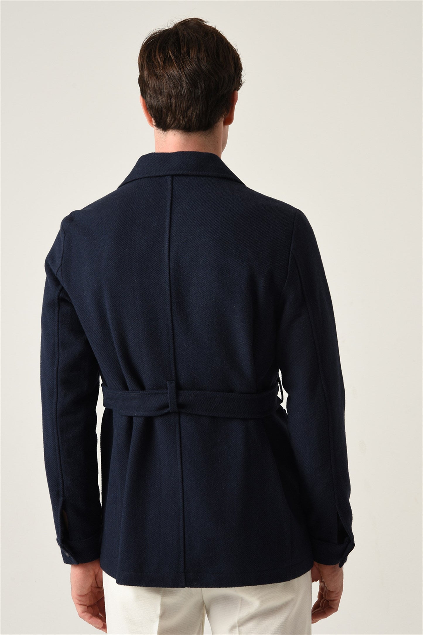 Men's Navy Blue Camp Collar Belt Detailed Seasonal Coat