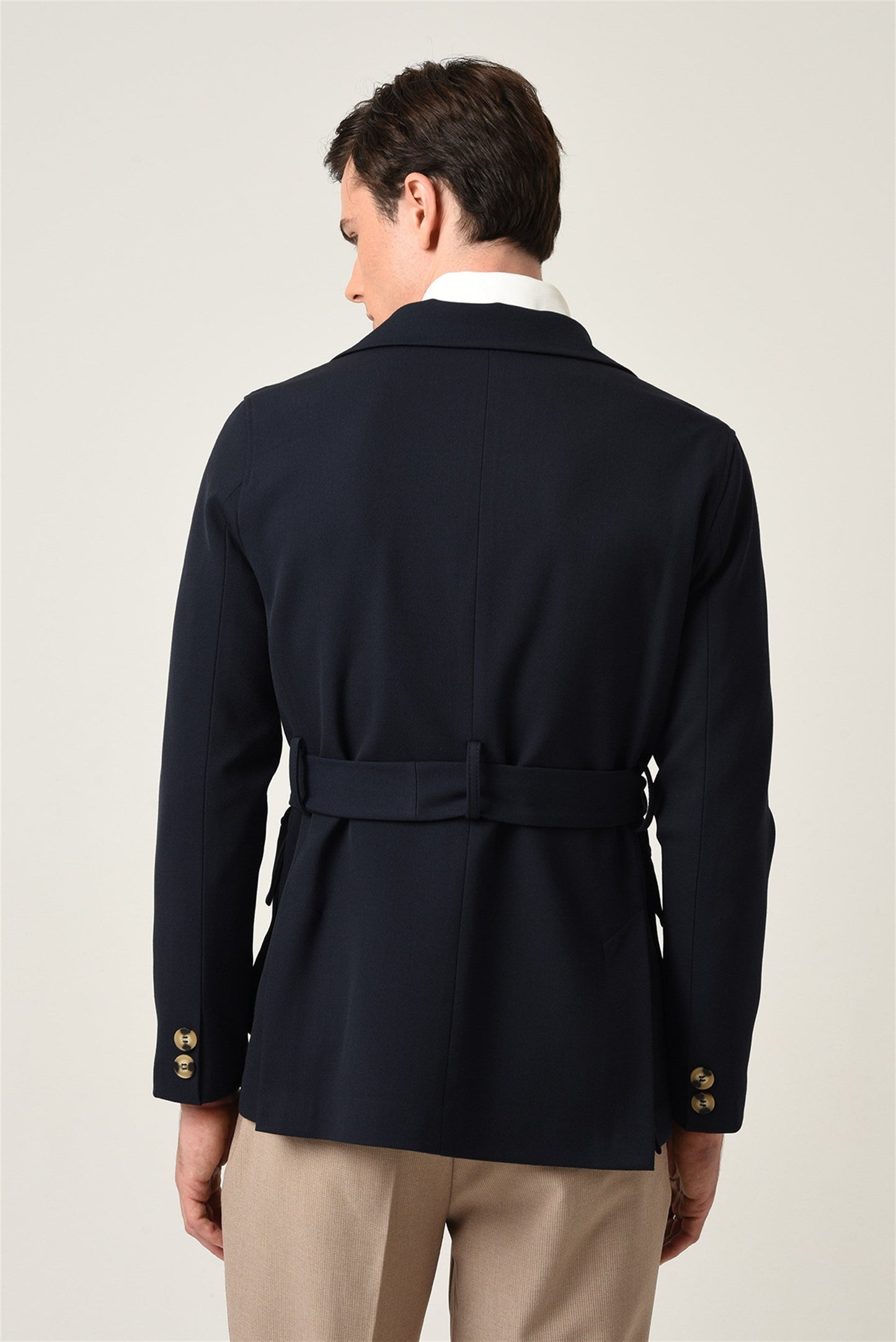 KOALA SYDNEY Men's Navy Blue Jacket Collar Belted Seasonal Coat -