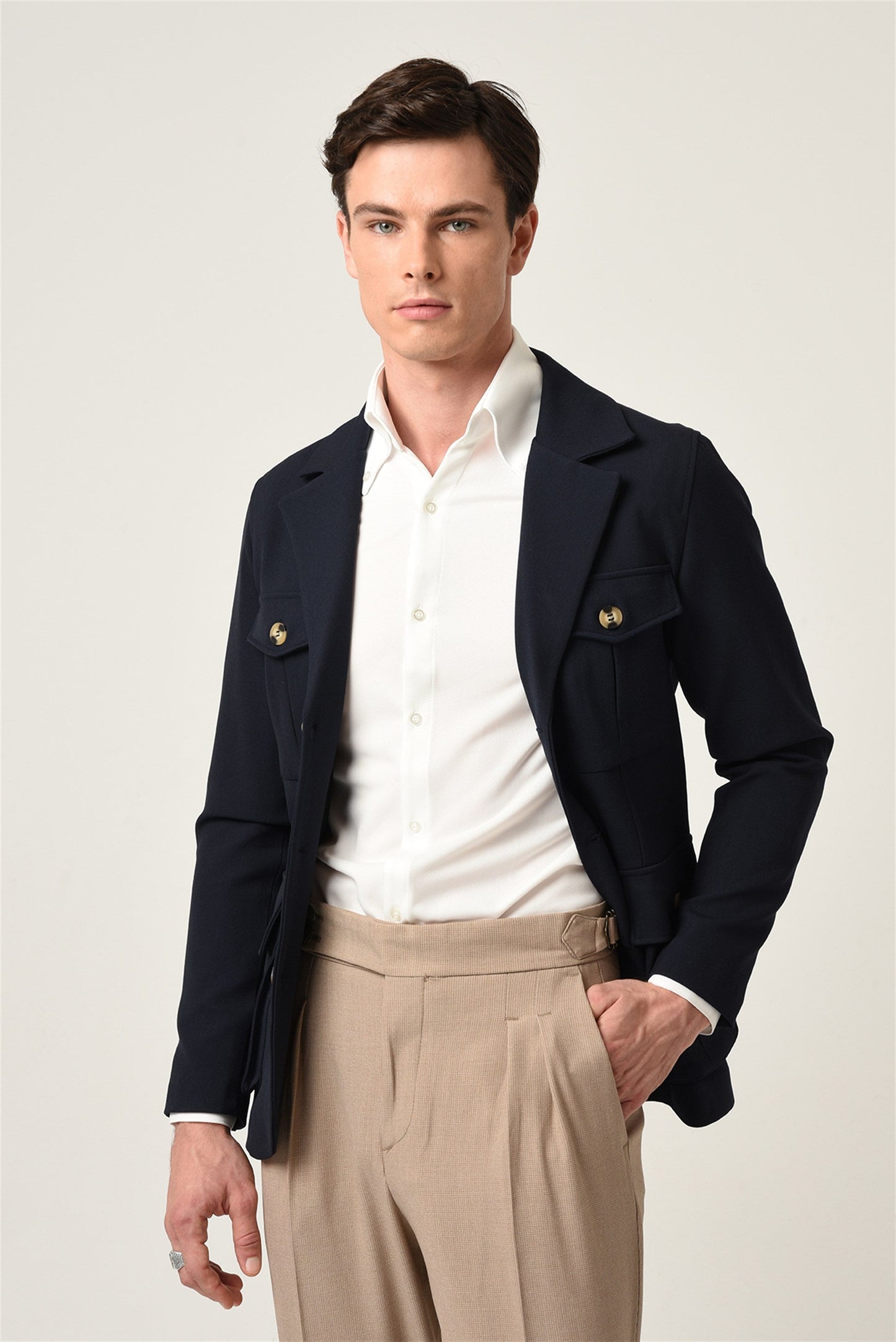 KOALA SYDNEY Men's Navy Blue Jacket Collar Belted Seasonal Coat
