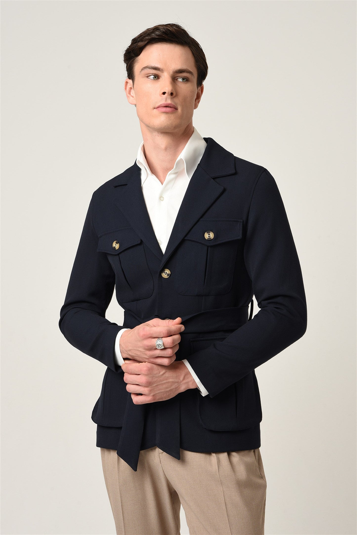 KOALA SYDNEY Men's Navy Blue Jacket Collar Belted Seasonal Coat