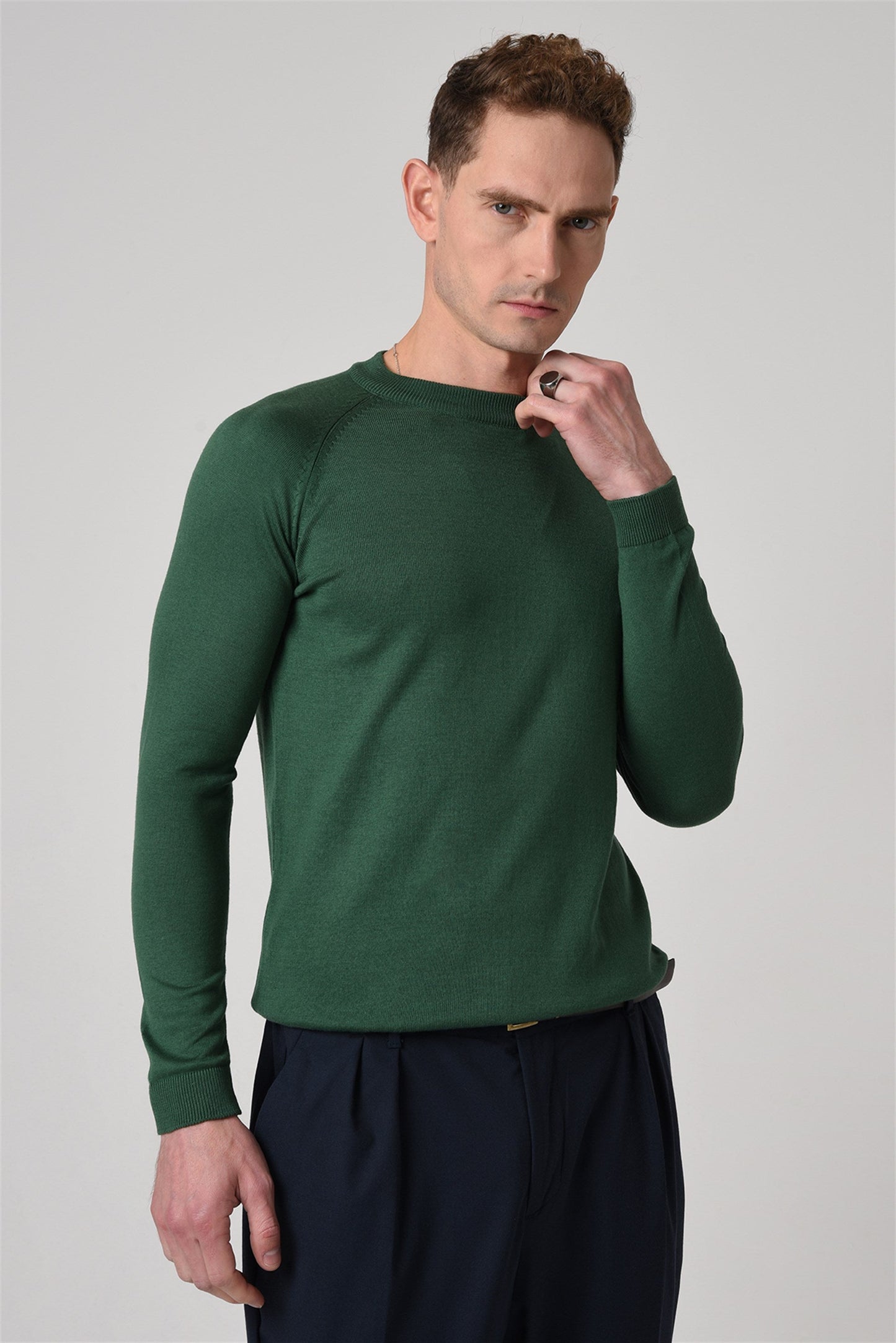 KOALA SYDNEY Men's Green Crew Neck Slim Fit Knitwear Sweater