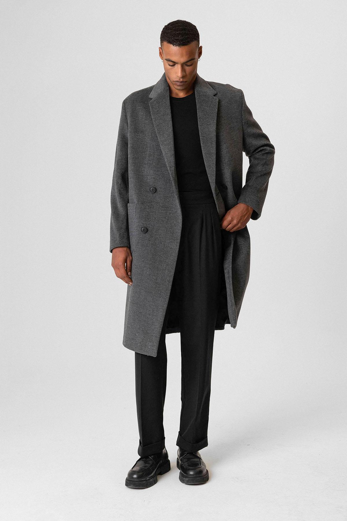 Anthracite Textured Double-Breasted Men's Coat