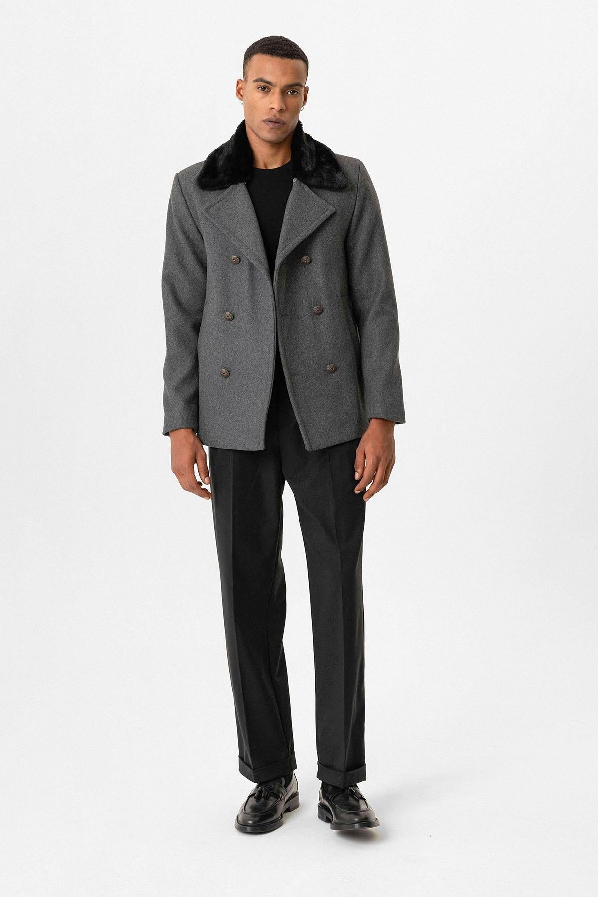 Anthracite Fur Collar Double-Breasted Men's Coat