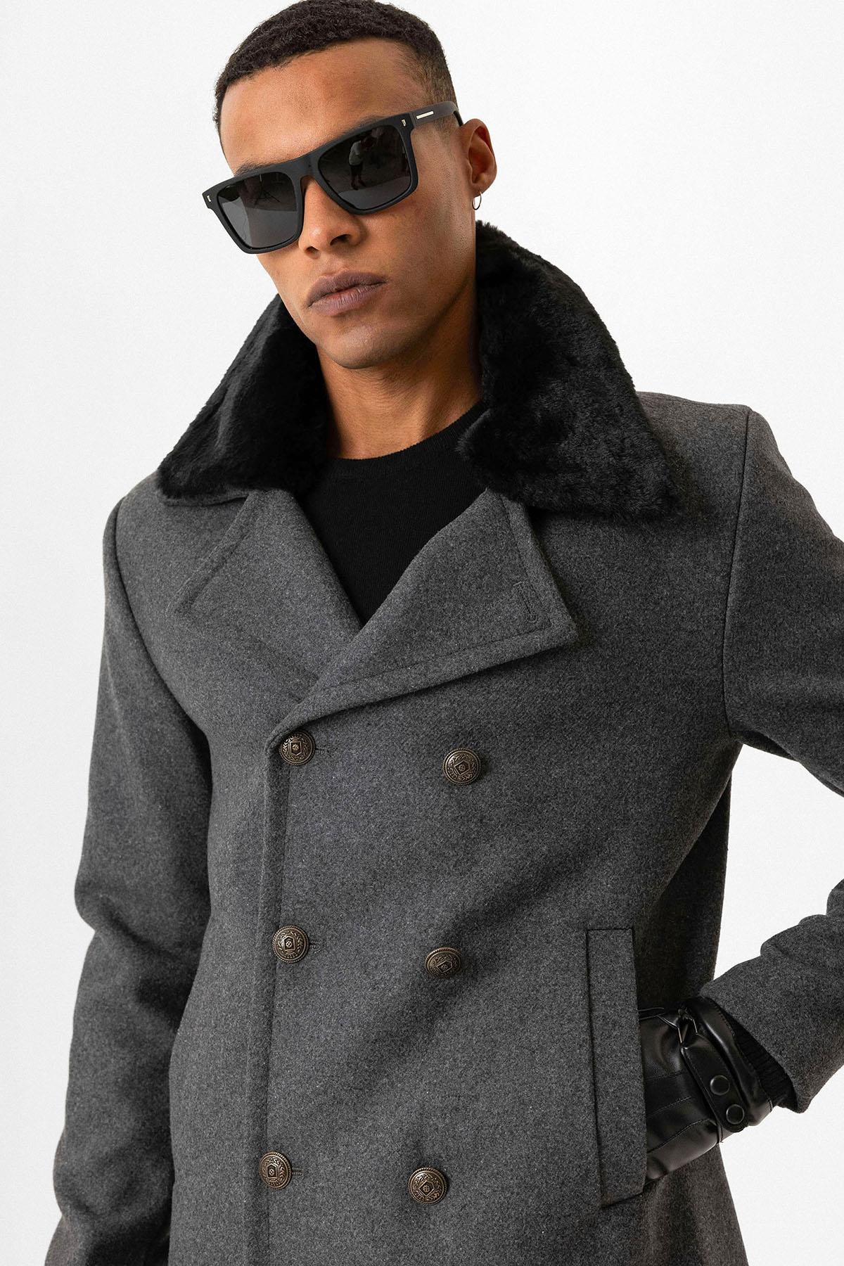 Anthracite Fur Collar Double-Breasted Men's Coat