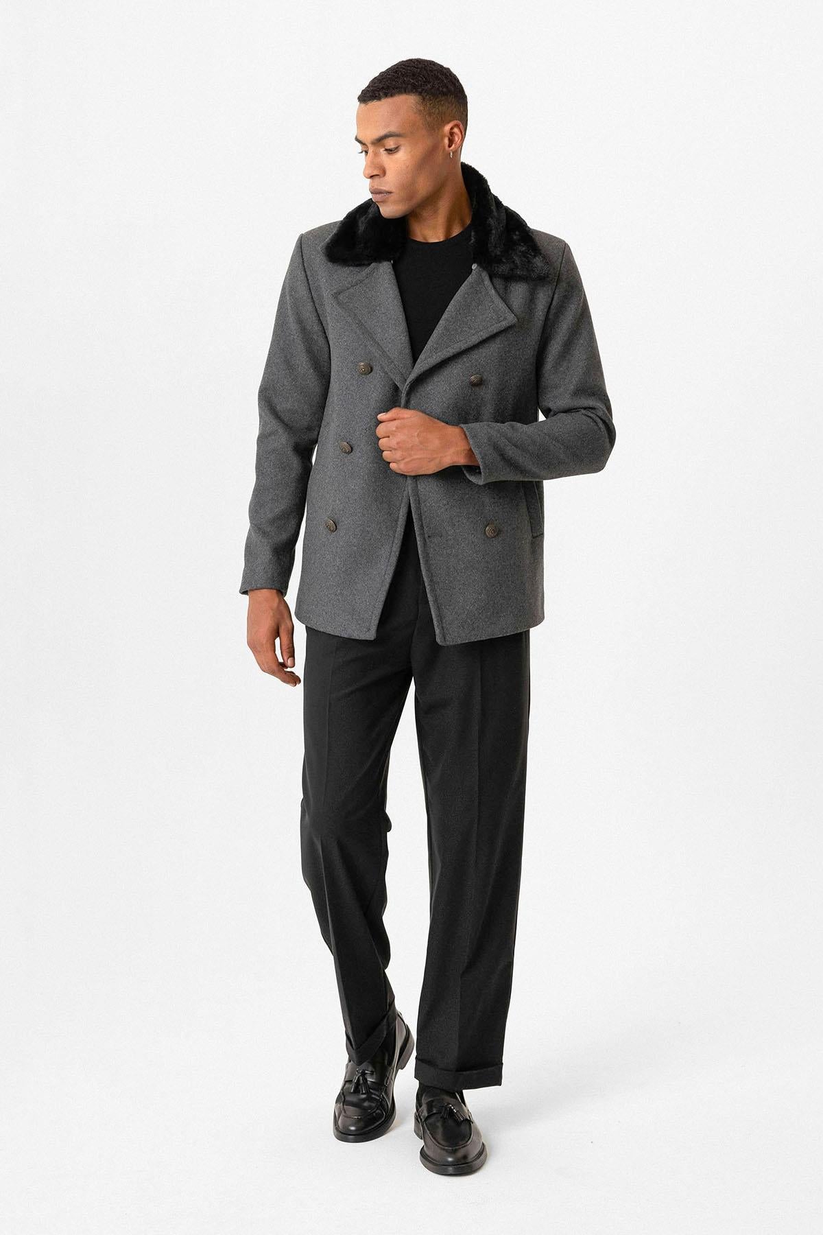 Anthracite Fur Collar Double-Breasted Men's Coat