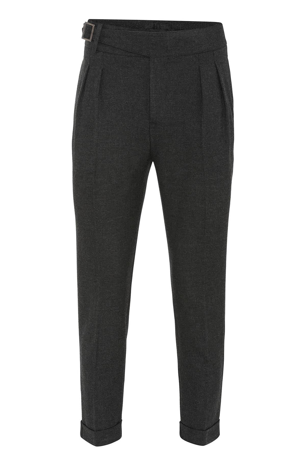 Anthracite Pleated Men's Trousers with Buckle Detail