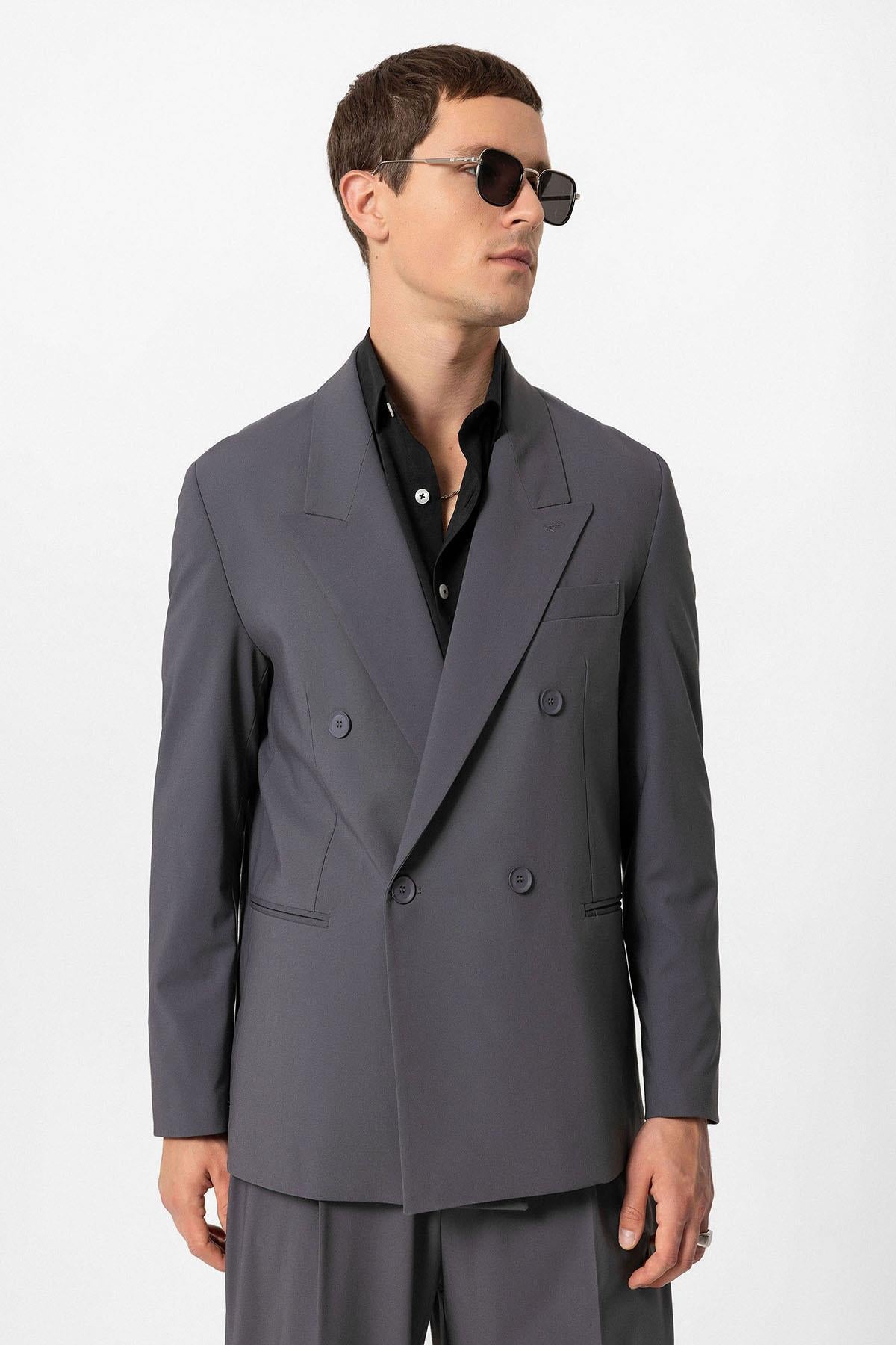 Anthracite Single Button Double-breasted Men's Blazer Jacket