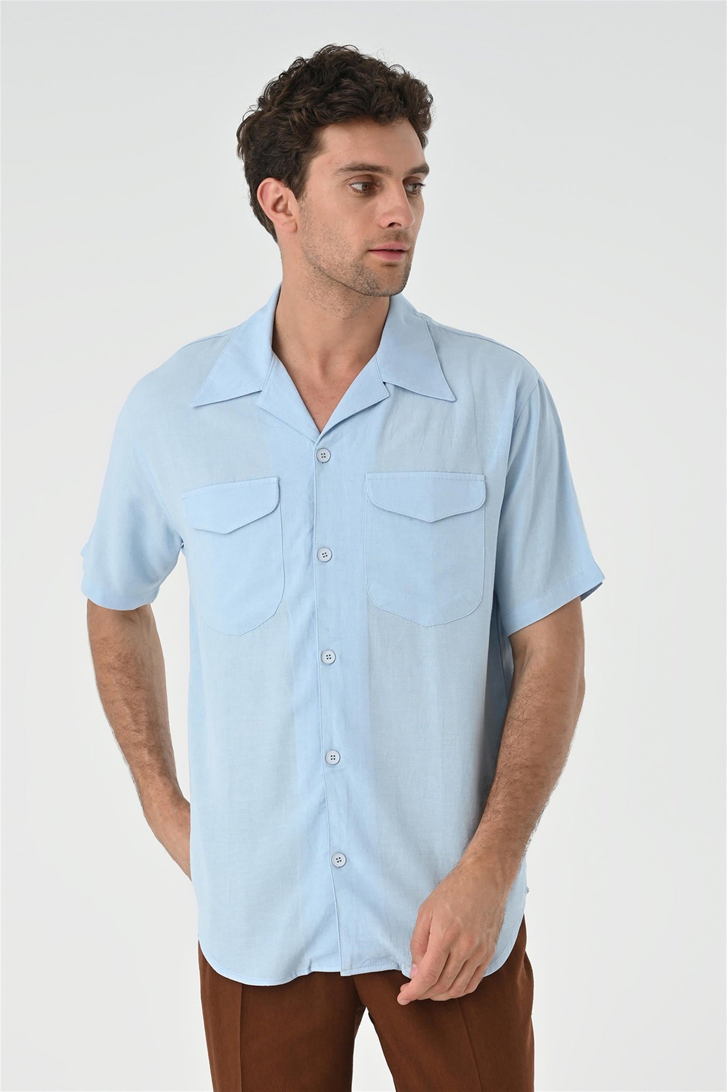 Men's Blue Camp Collar Pocket Detailed Shirt