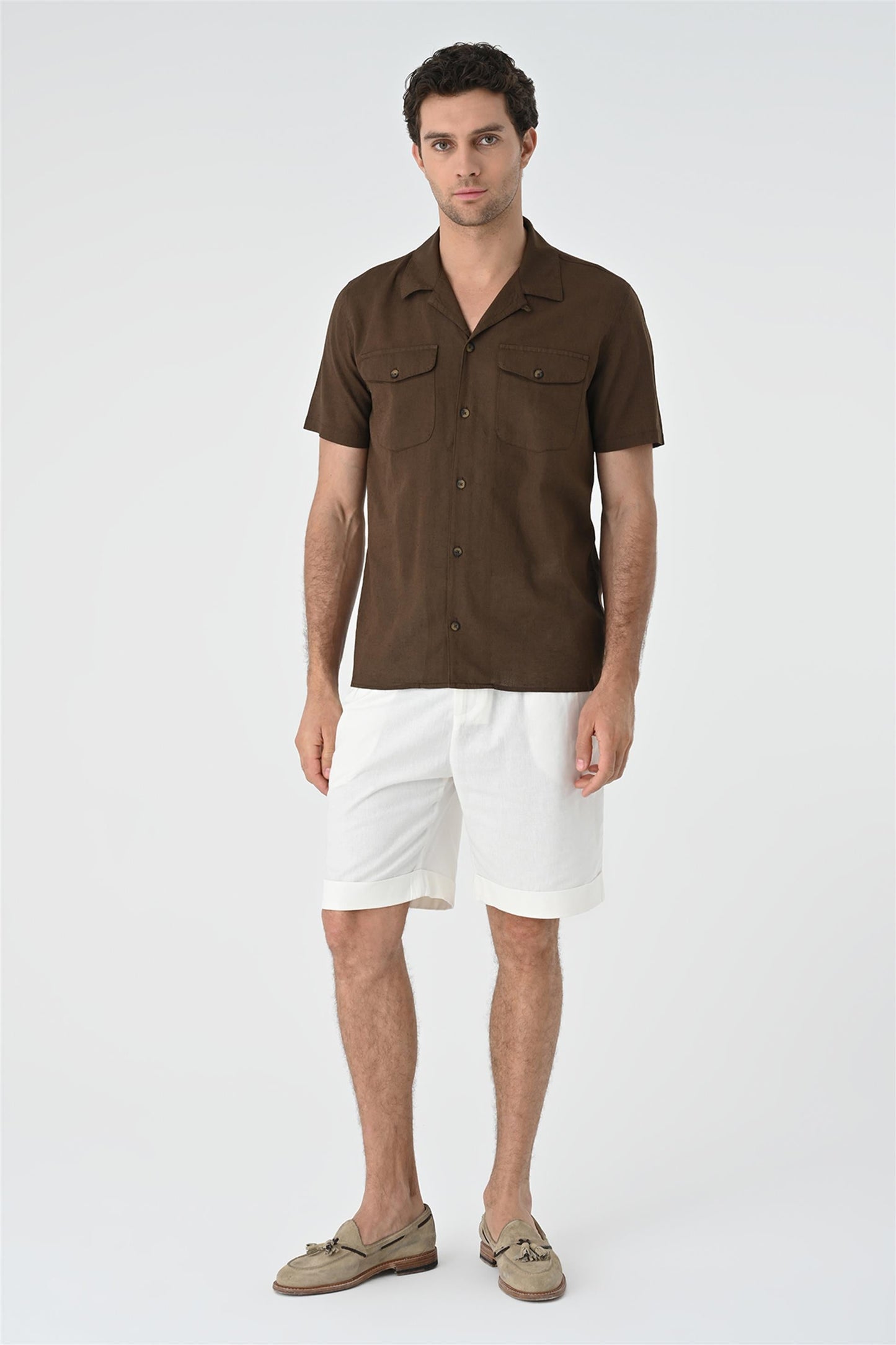 Men's Brown Camp Collar Pocket Detailed Shirt