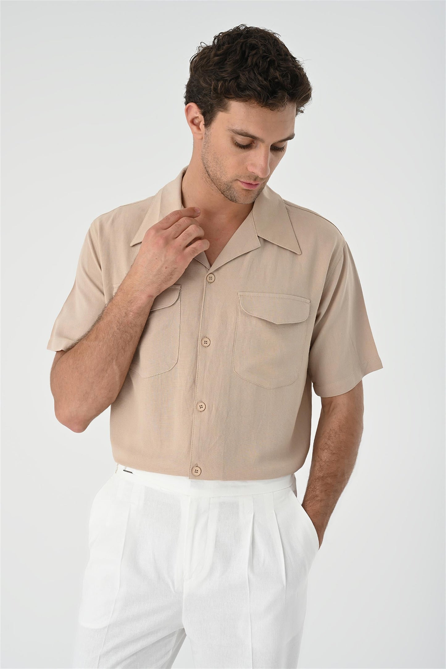 Men's Beige Camp Collar Pocket Detailed Shirt