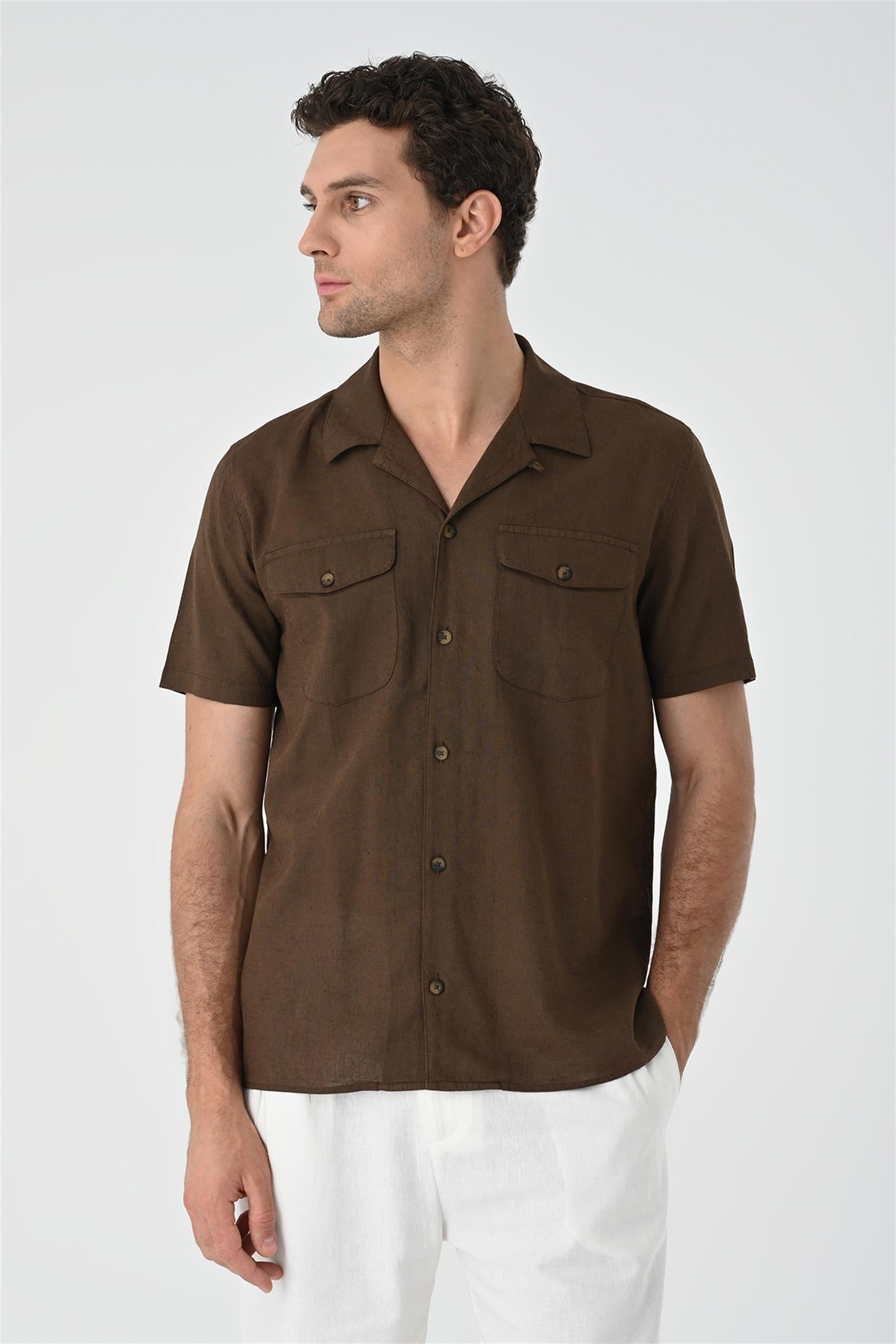 KOALA SYDNEY Men's Brown Camp Collar Pocket Detailed Shirt -