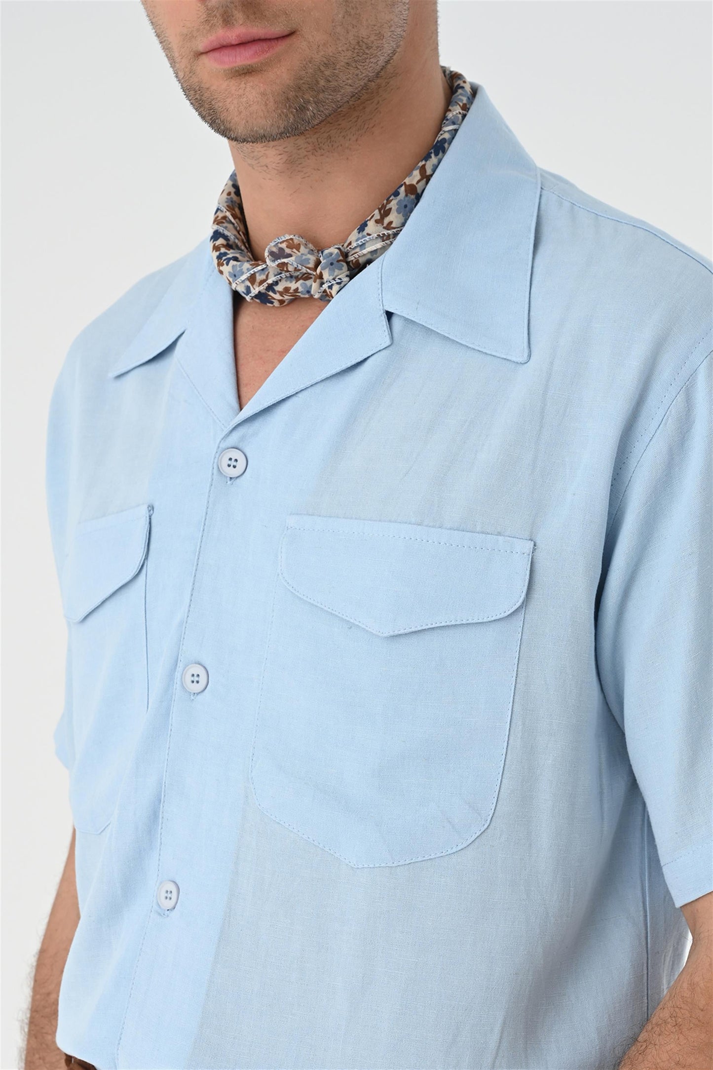 Men's Blue Camp Collar Pocket Detailed Shirt