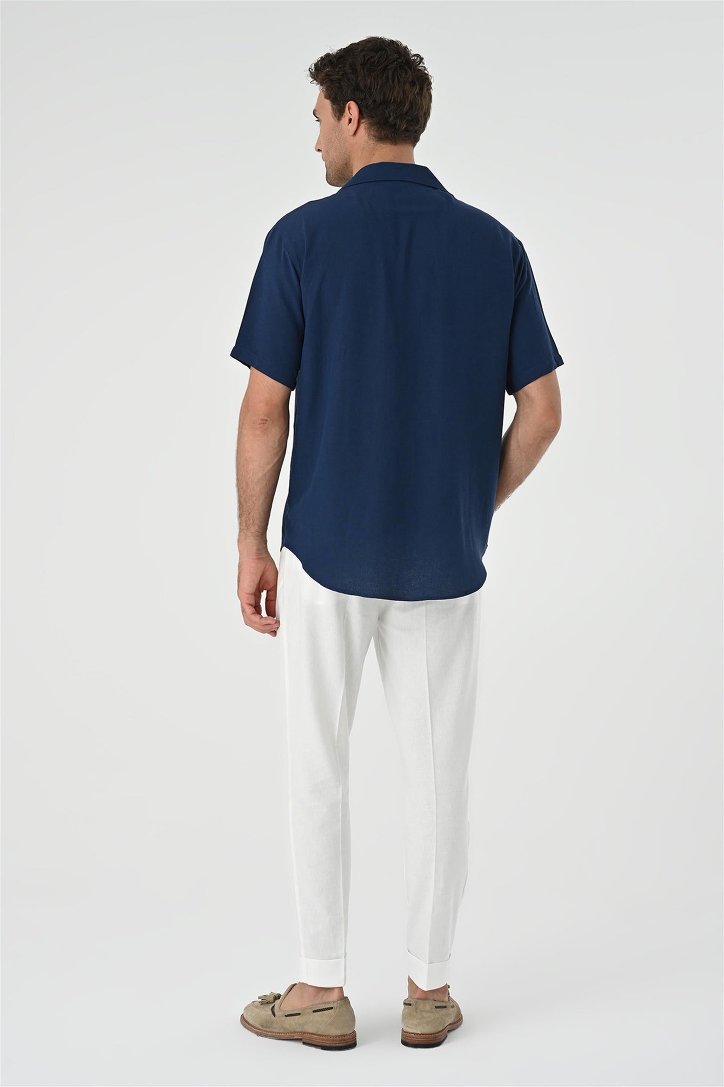 Men's Navy Blue Camp Collar Pocket Detailed Shirt