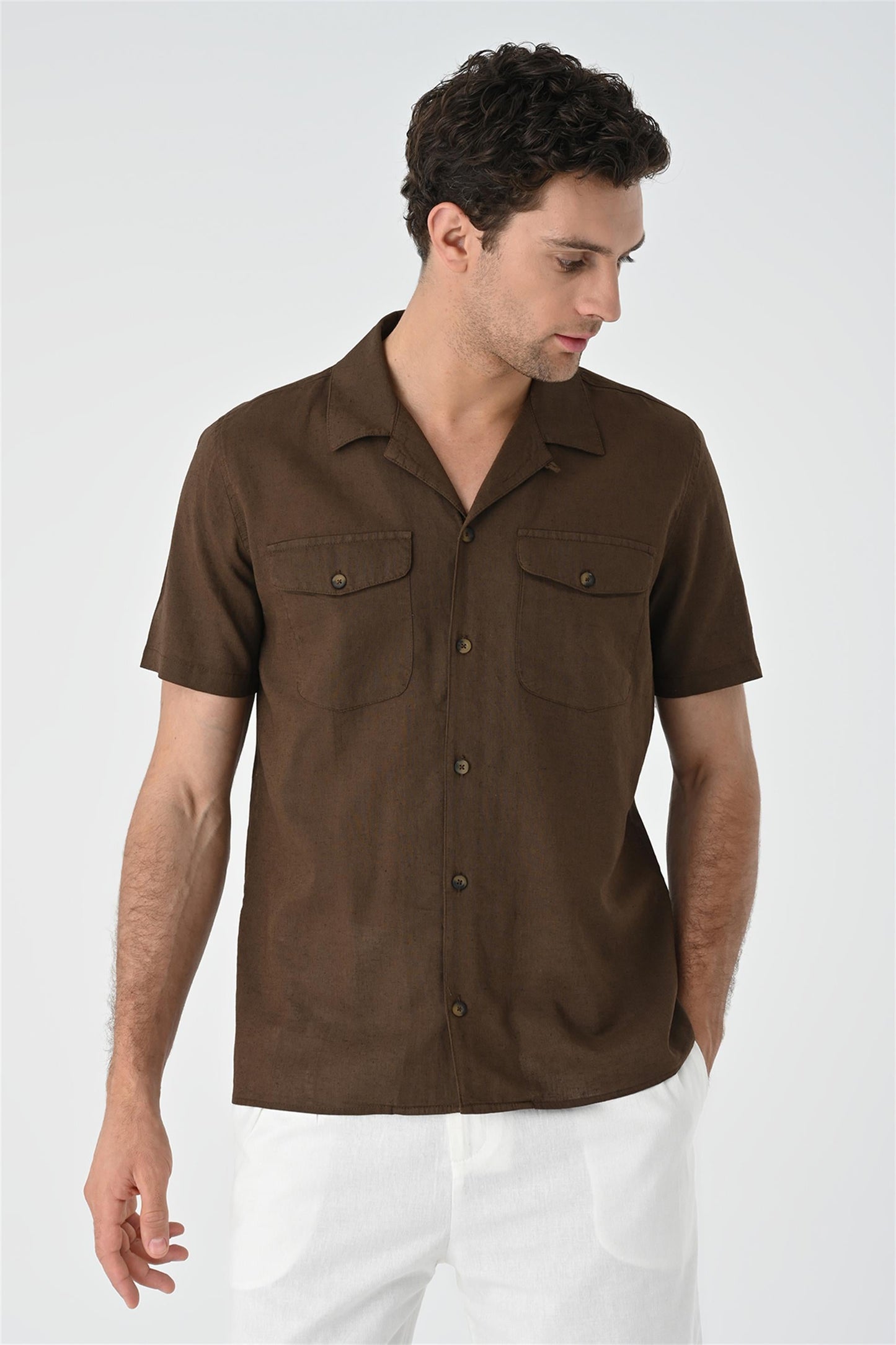 KOALA SYDNEY Men's Brown Camp Collar Pocket Detailed Shirt -