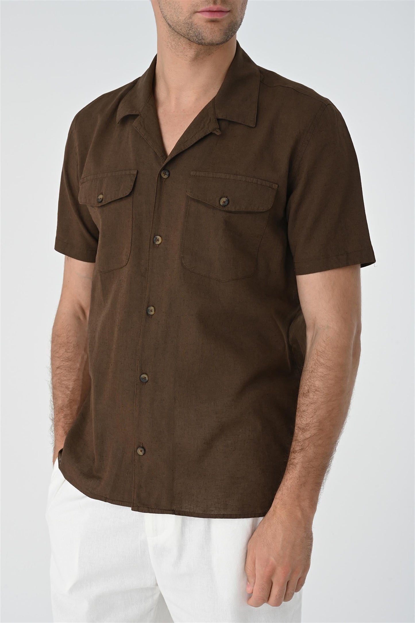 Men's Brown Camp Collar Pocket Detailed Shirt
