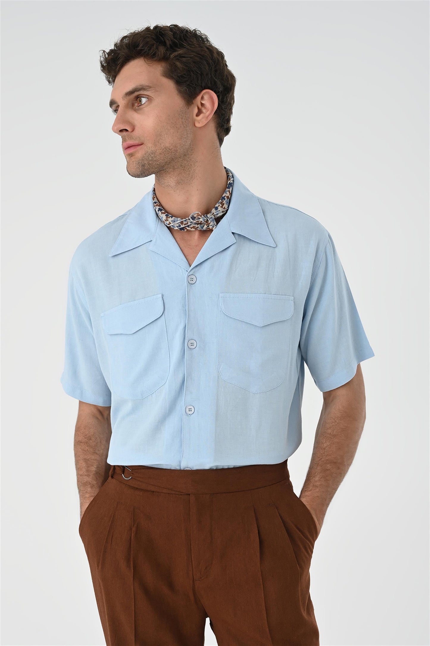 Men's Blue Camp Collar Pocket Detailed Shirt