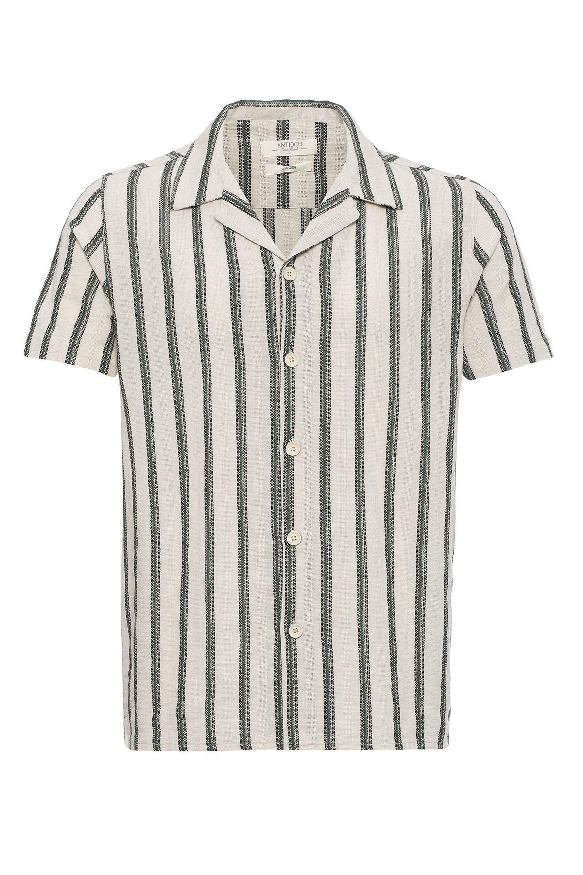 KOALA SYDNEY Men's Green Striped Camp Collar Shirt