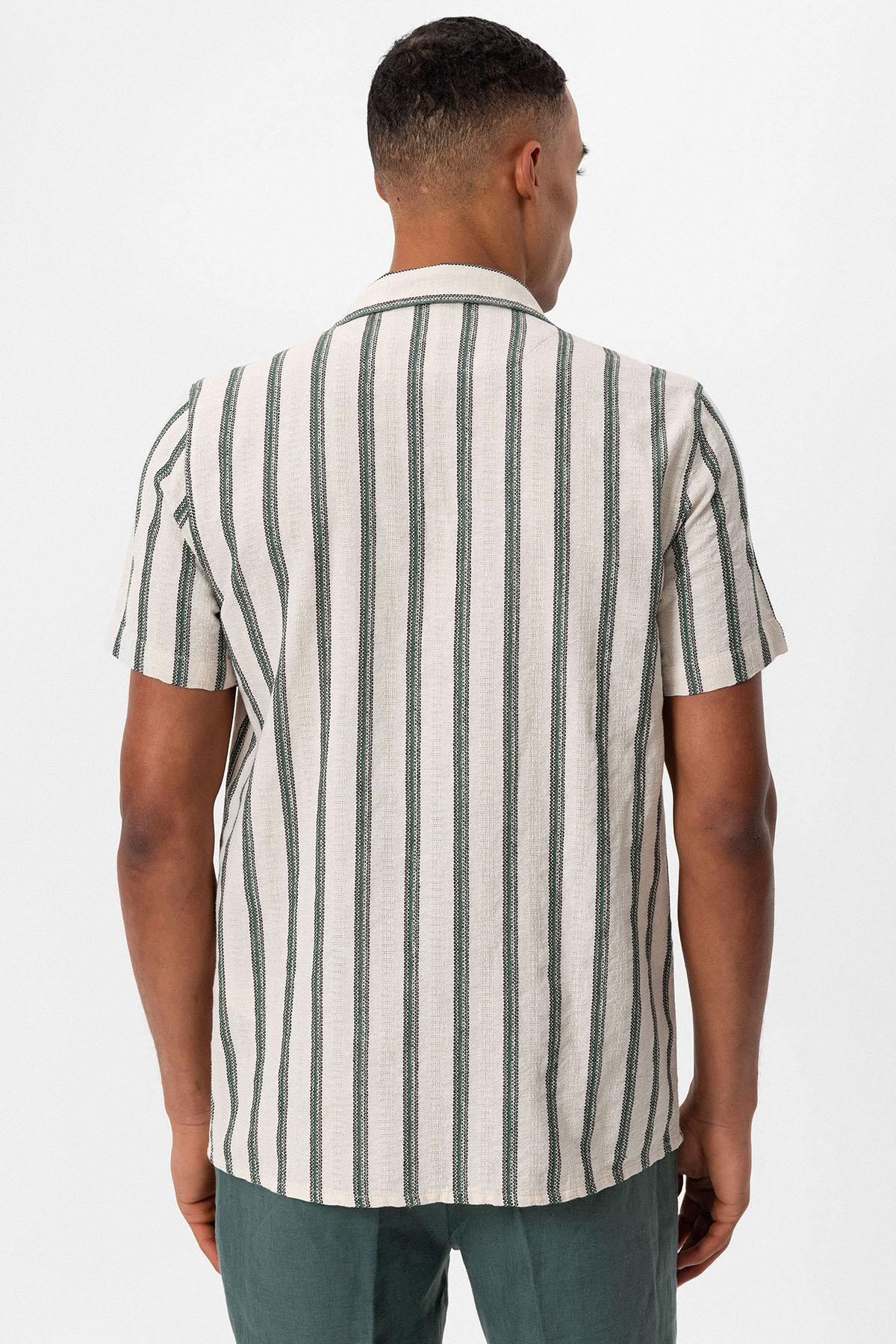 KOALA SYDNEY Men's Green Striped Camp Collar Shirt