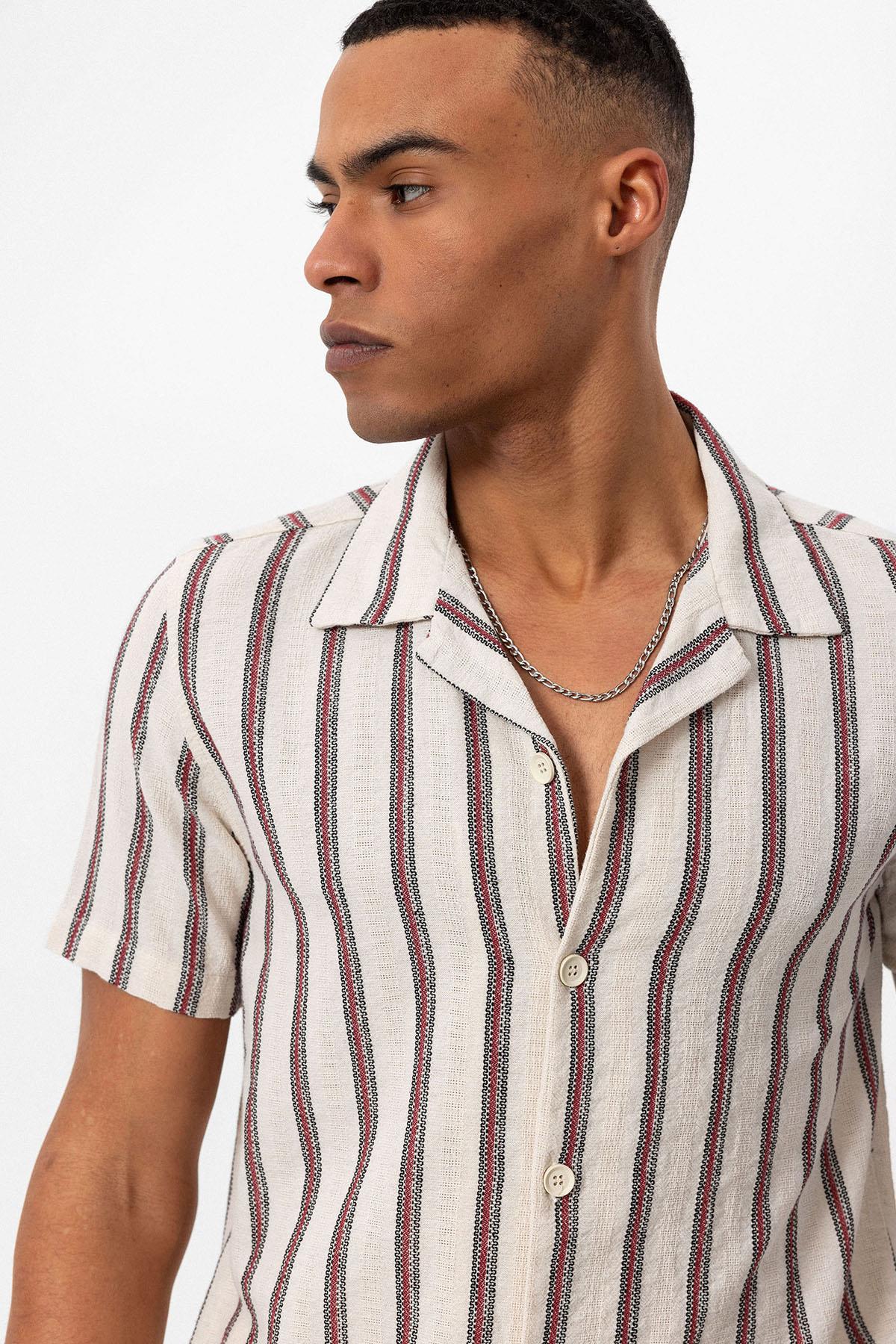 KOALA SYDNEY Men's Burgundy Striped Camp Collar Shirt