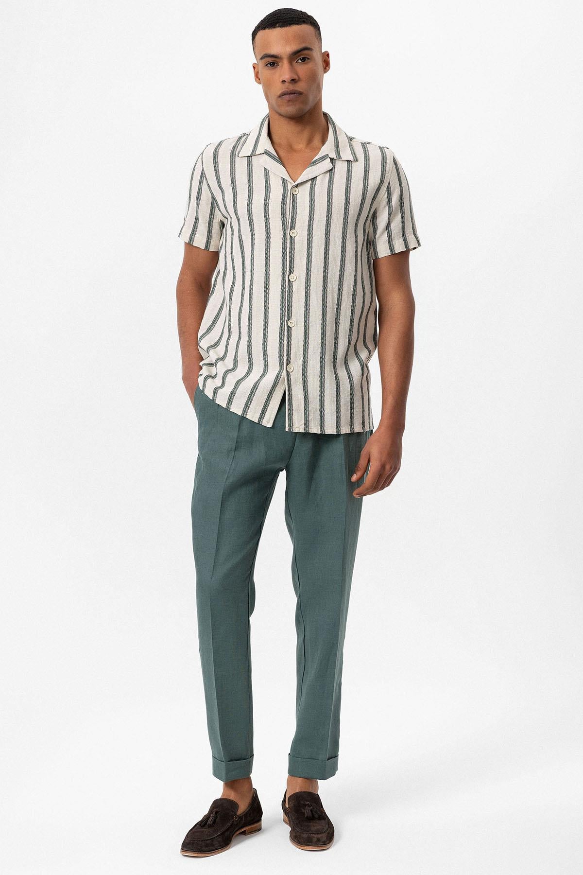 KOALA SYDNEY Men's Green Striped Camp Collar Shirt