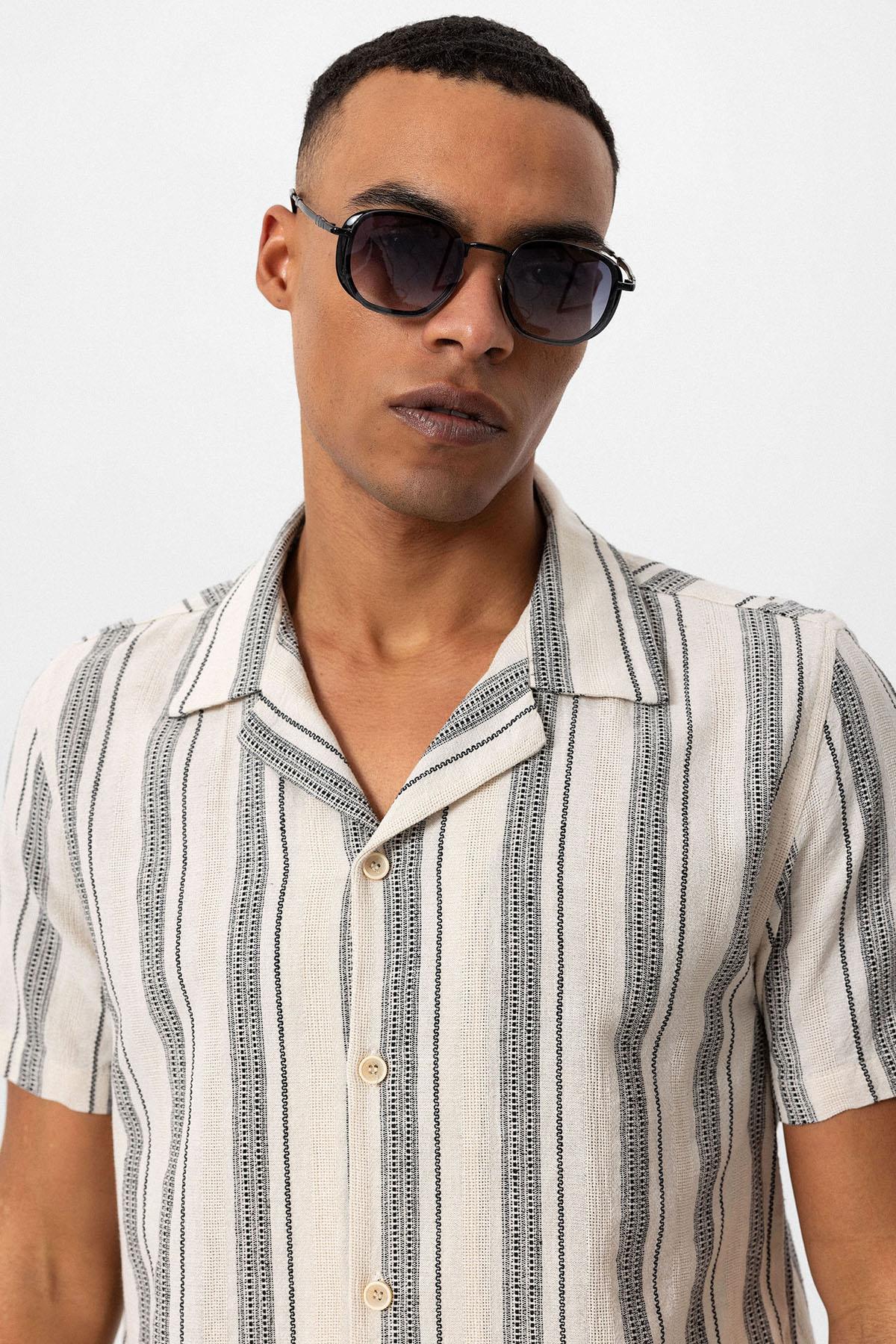 KOALA SYDNEY Men's Black Camp Collar Striped Short Sleeve Shirt